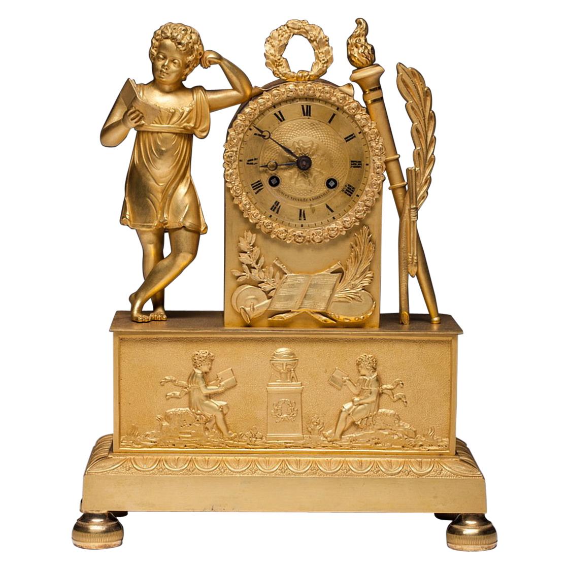 French Antique Empire Gilt Bronze Mantel Clock circa 1820 For Sale