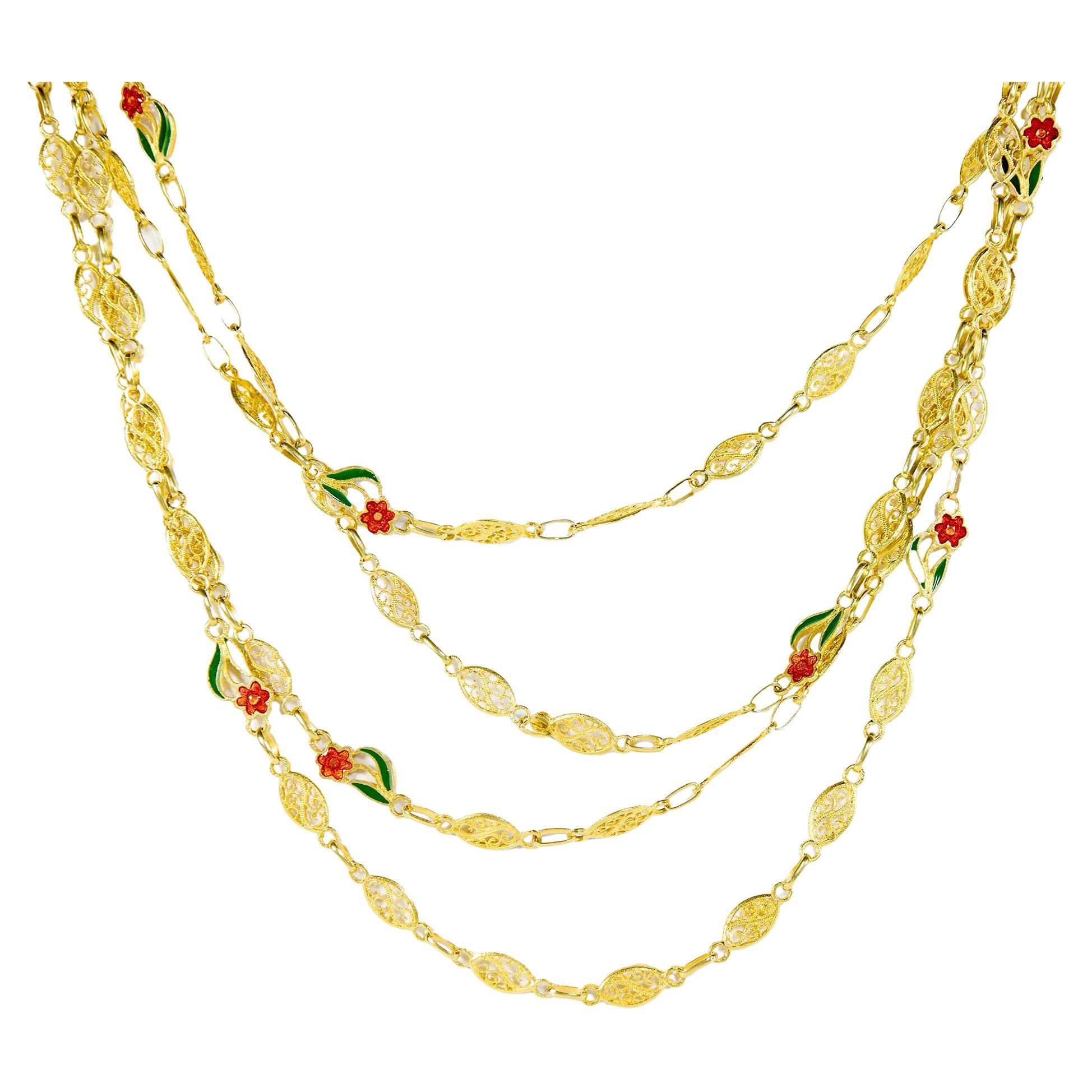 French antique enamel flower 18k gold fancy link 78 inch necklace For Sale