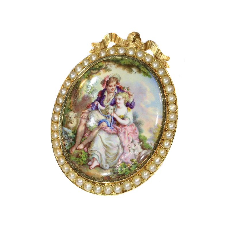 A French antique set earrings and brooch, enameled miniature and natural half seed pearls, in 18 karat yellow gold, French control mark, comes with original box. Brooch height 1.57 inch, earrings height 1.68 inch. Weight 20.50 gram.