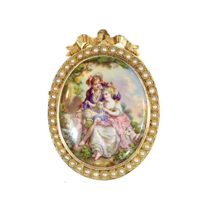Victorian French Antique Enamel Miniature & Pearl 18 Karat Yellow Gold Set Earrings Brooch