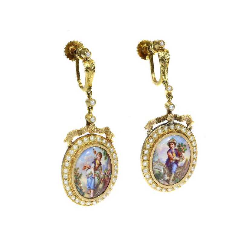 French Antique Enamel Miniature & Pearl 18 Karat Yellow Gold Set Earrings Brooch 3