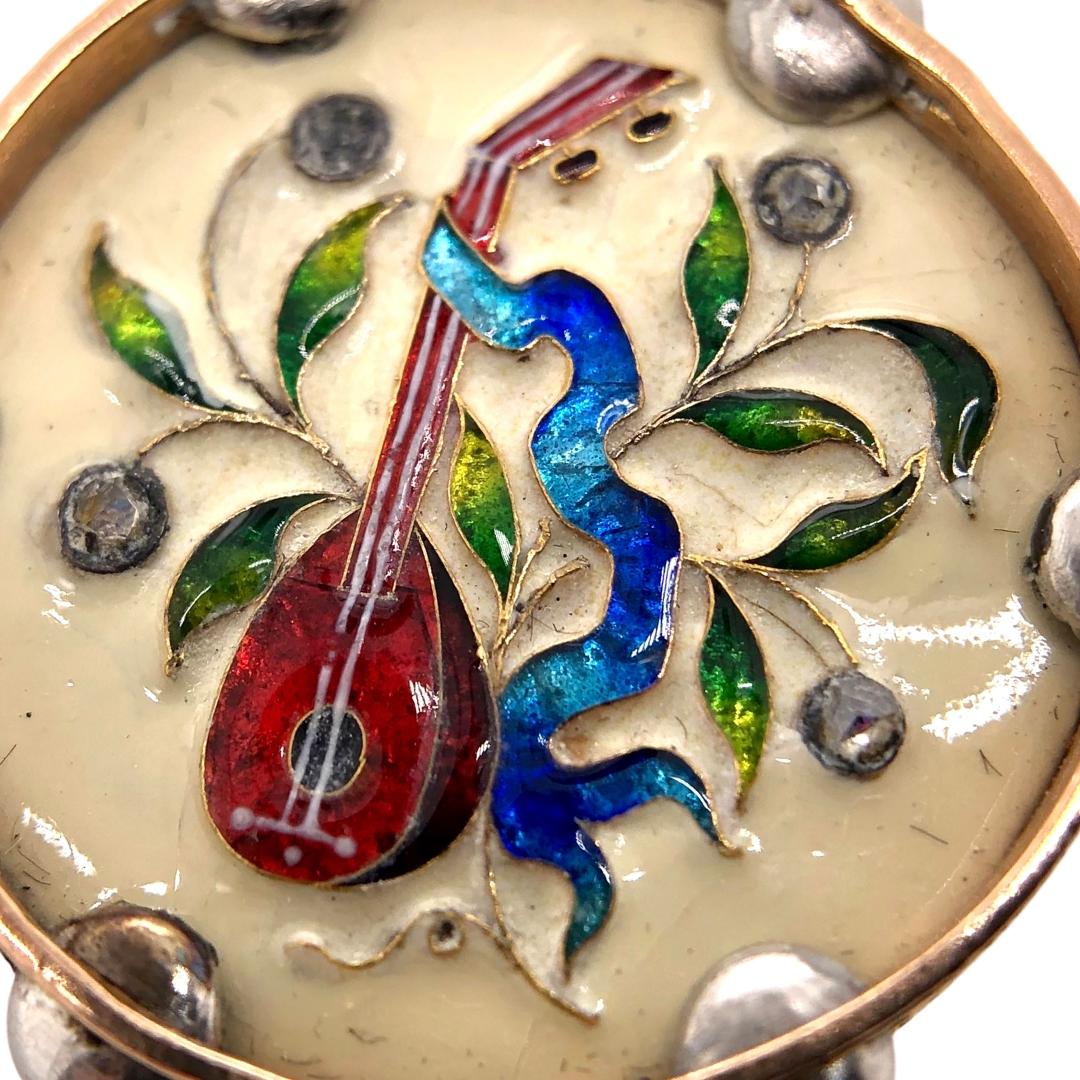 Women's French Antique Enamel Musical Brooch in Yellow Gold, circa 1880 For Sale