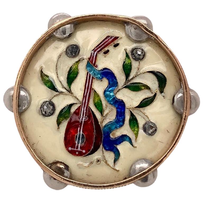 French Antique Enamel Musical Brooch in Yellow Gold, circa 1880 For Sale