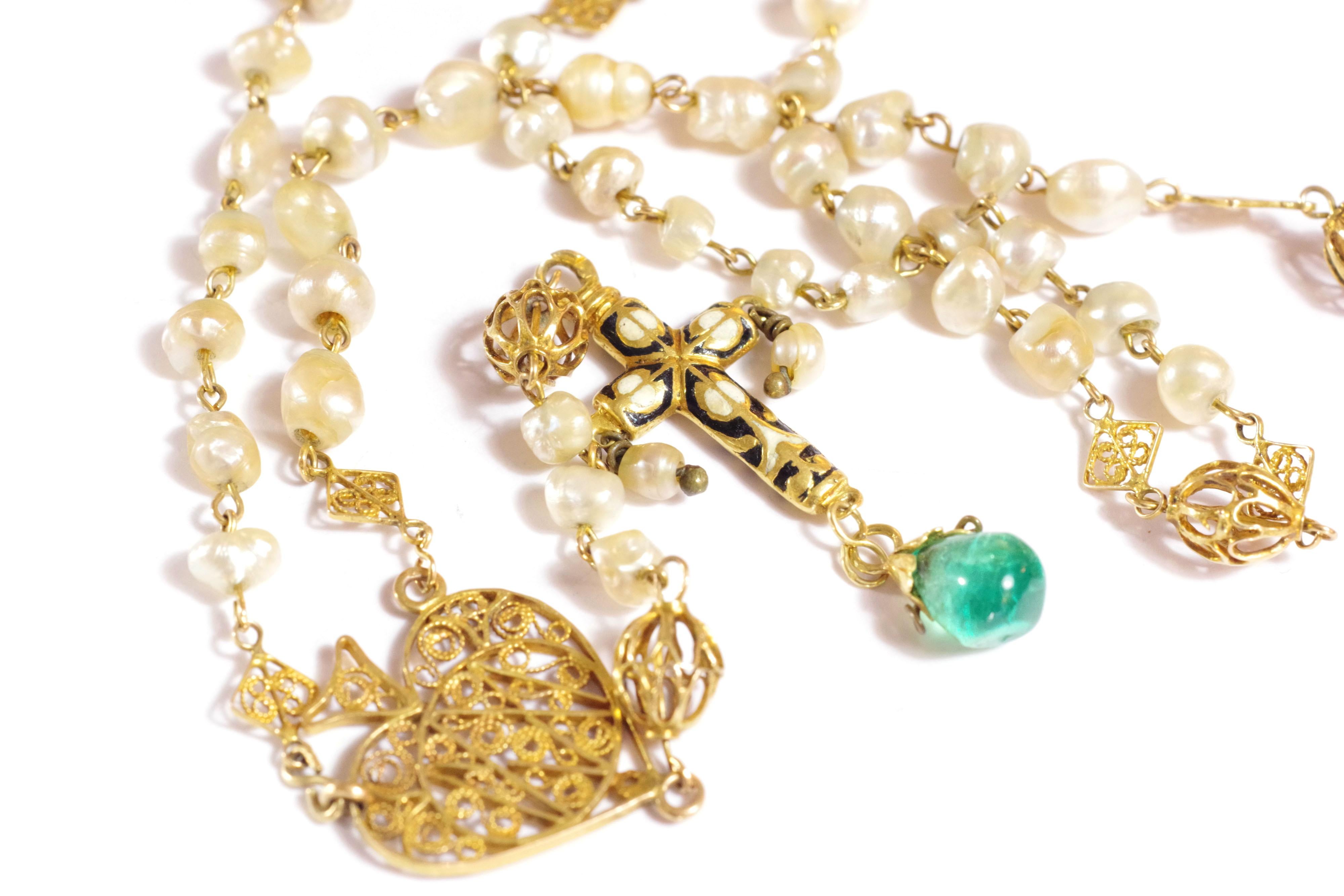 French Antique Enamelled 18k Gold Emerald and Pearls Rosary 4