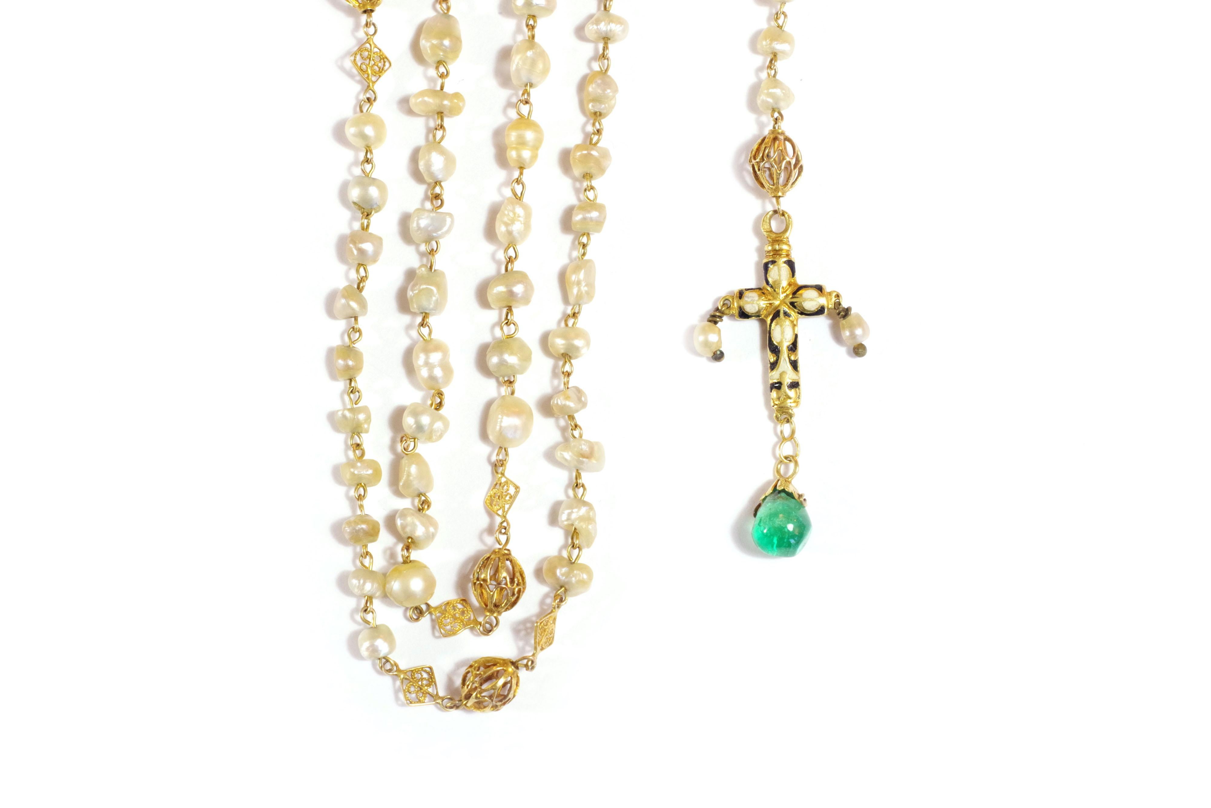 Victorian French Antique Enamelled 18k Gold Emerald and Pearls Rosary