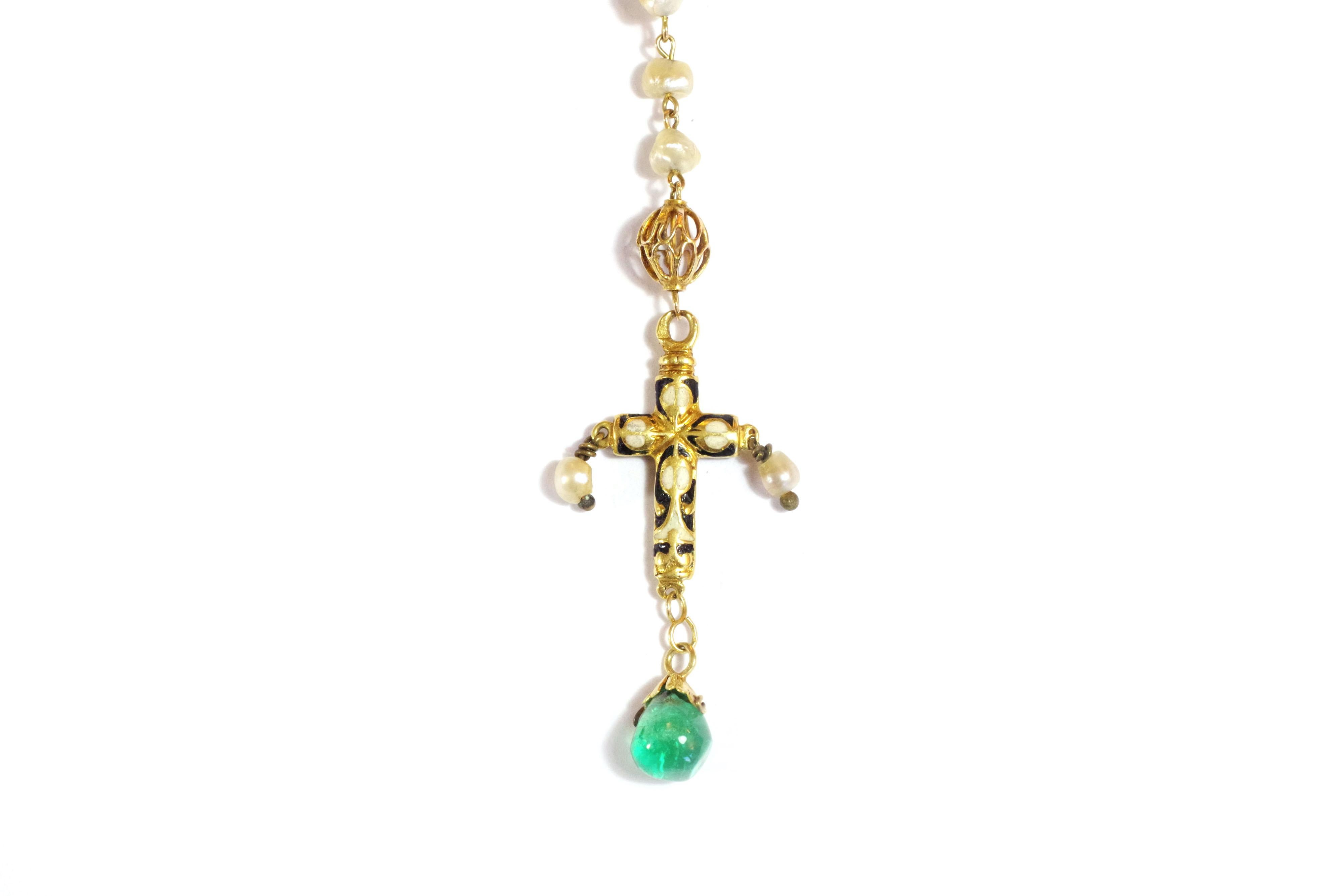 Pear Cut French Antique Enamelled 18k Gold Emerald and Pearls Rosary