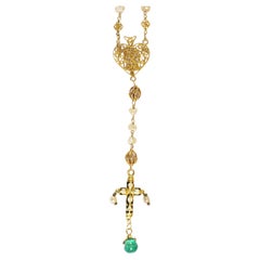 French Antique Enamelled 18k Gold Emerald and Pearls Rosary