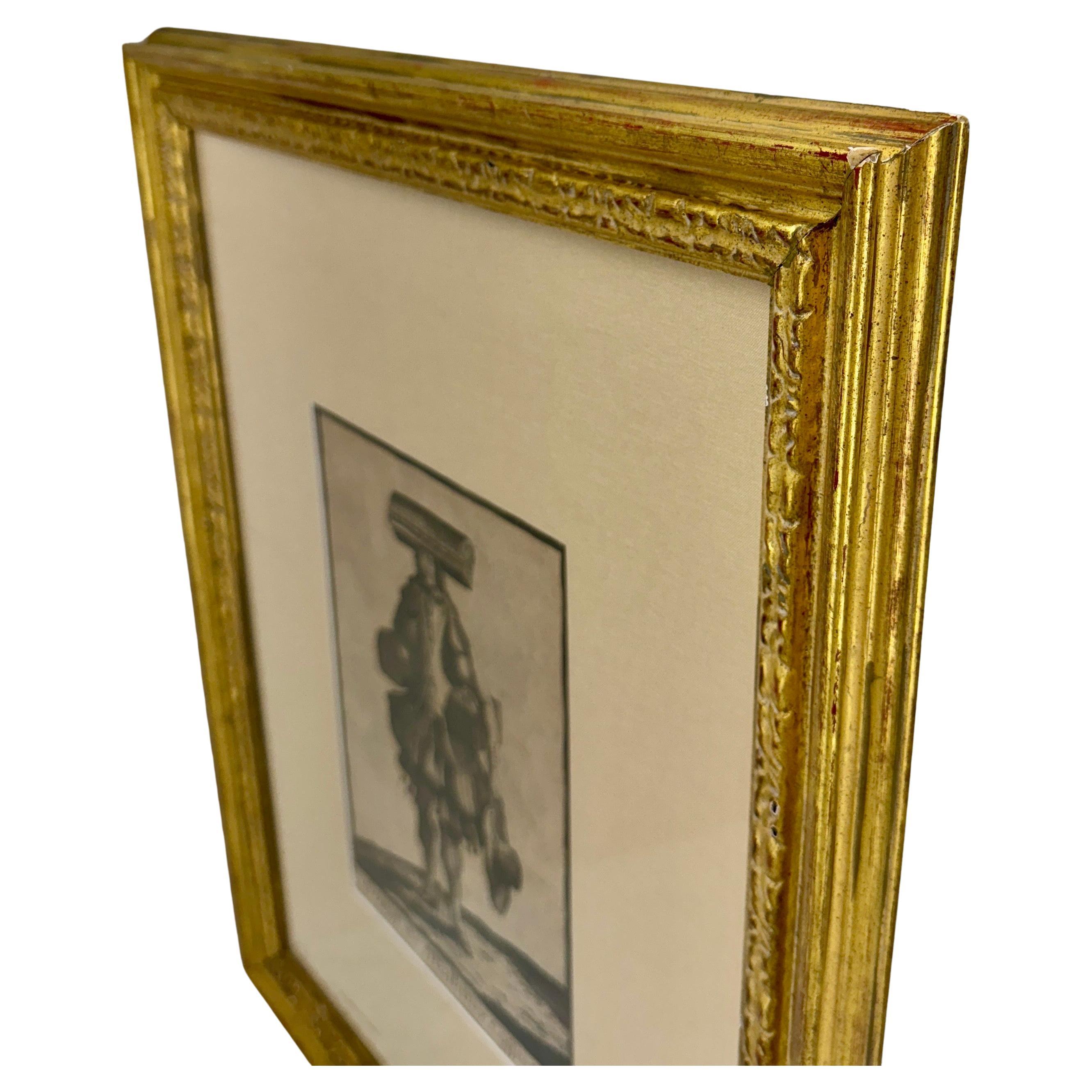 French Antique Etching of a Trunk Maker Gold Framed For Sale 4