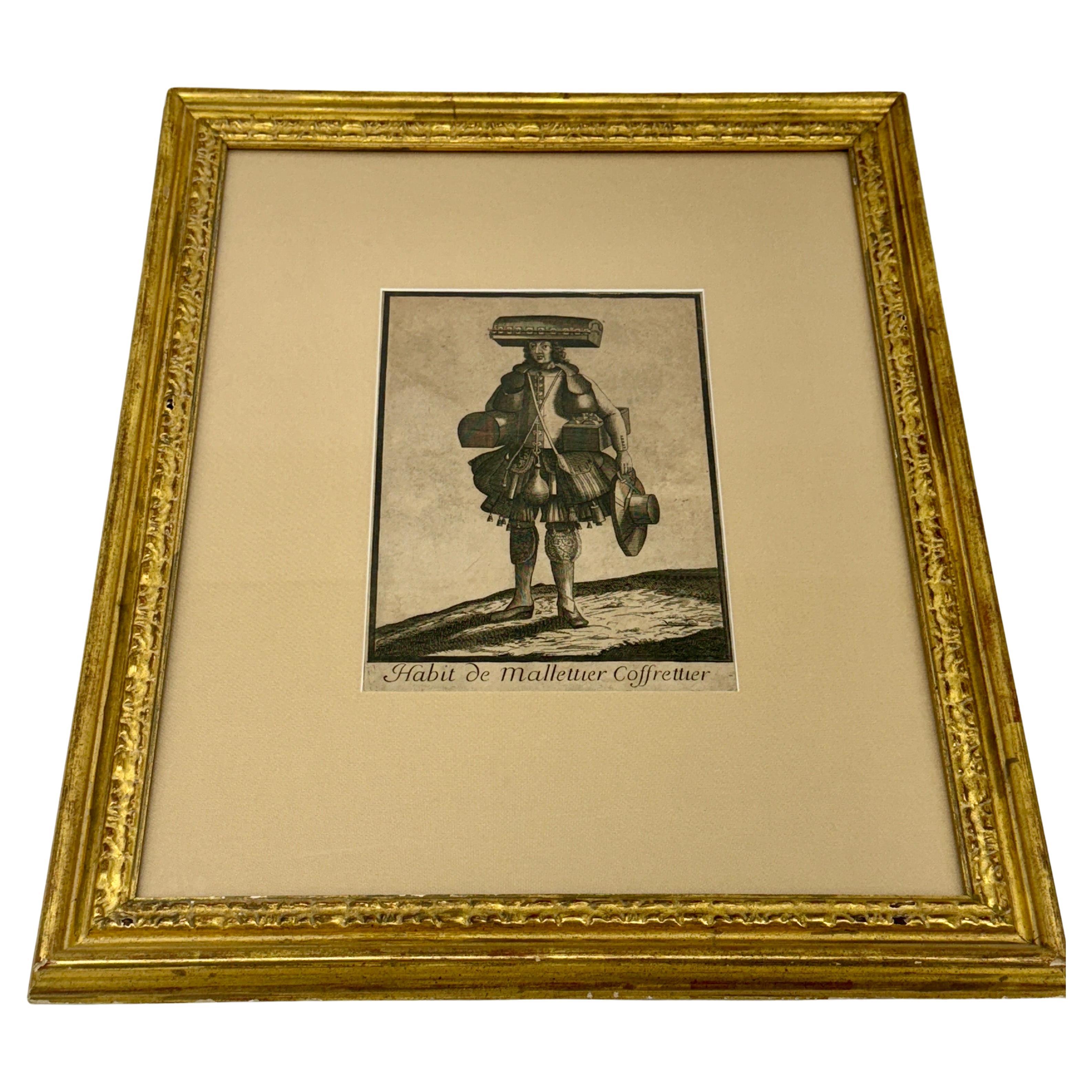 Hand-Crafted French Antique Etching of a Trunk Maker Gold Framed For Sale