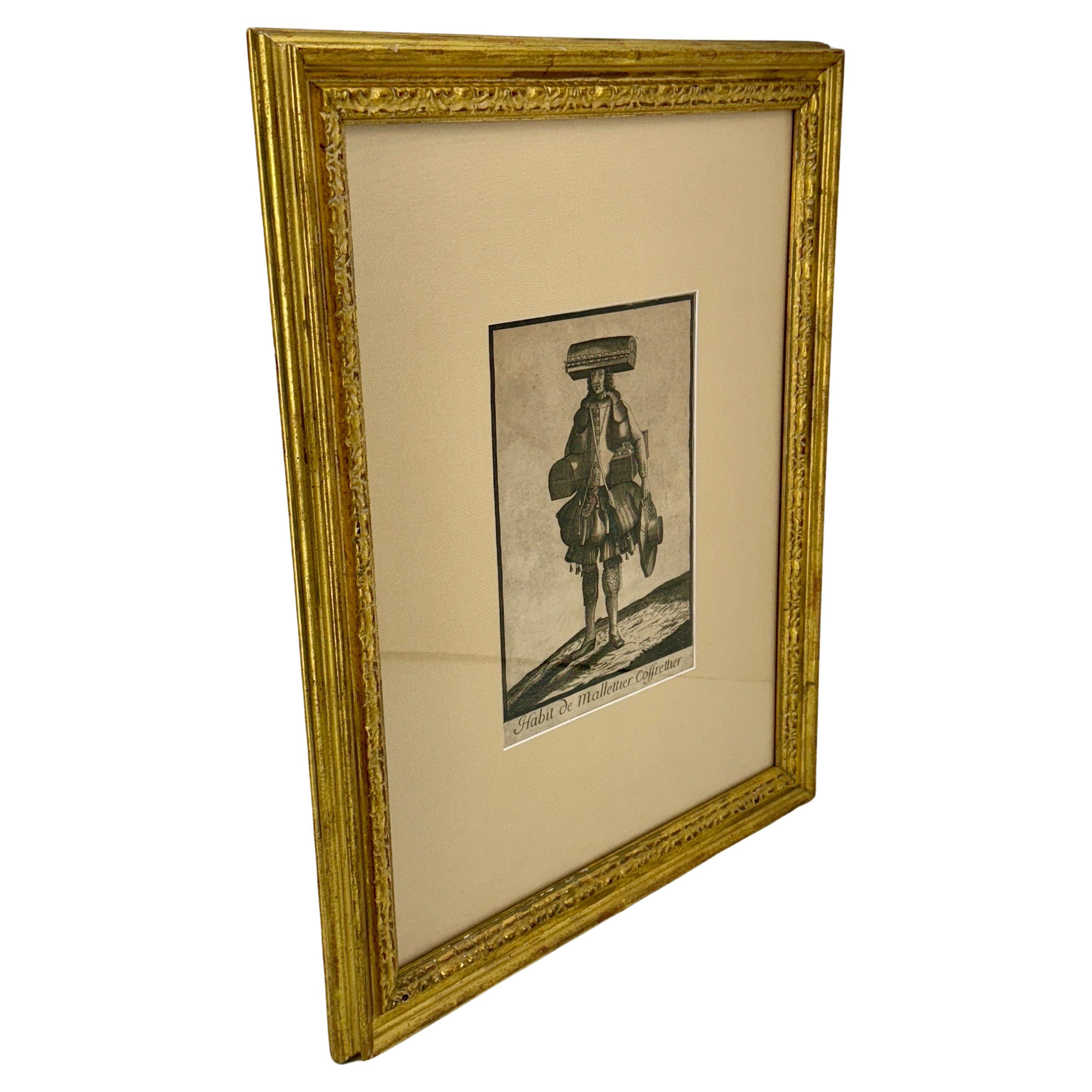 French Antique Etching of a Trunk Maker Gold Framed For Sale 1