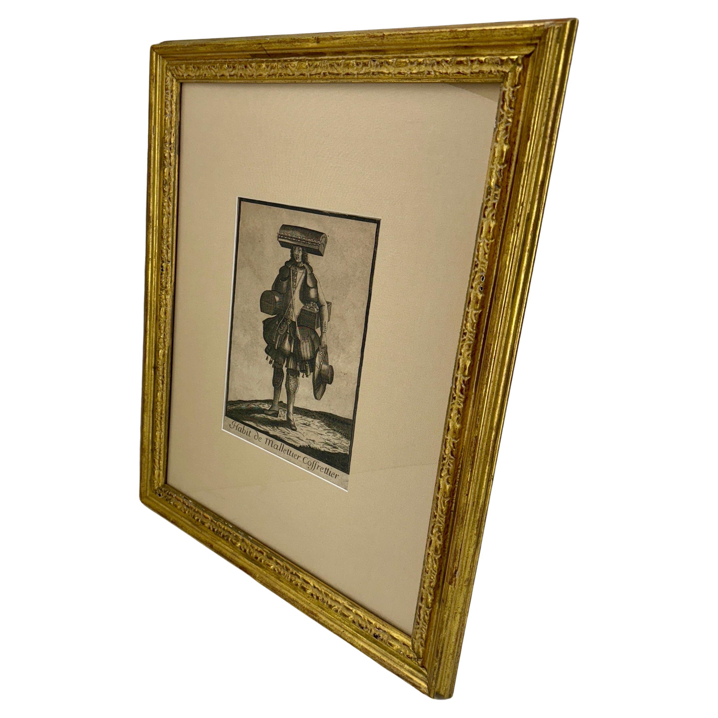 French Antique Etching of a Trunk Maker Gold Framed For Sale 3