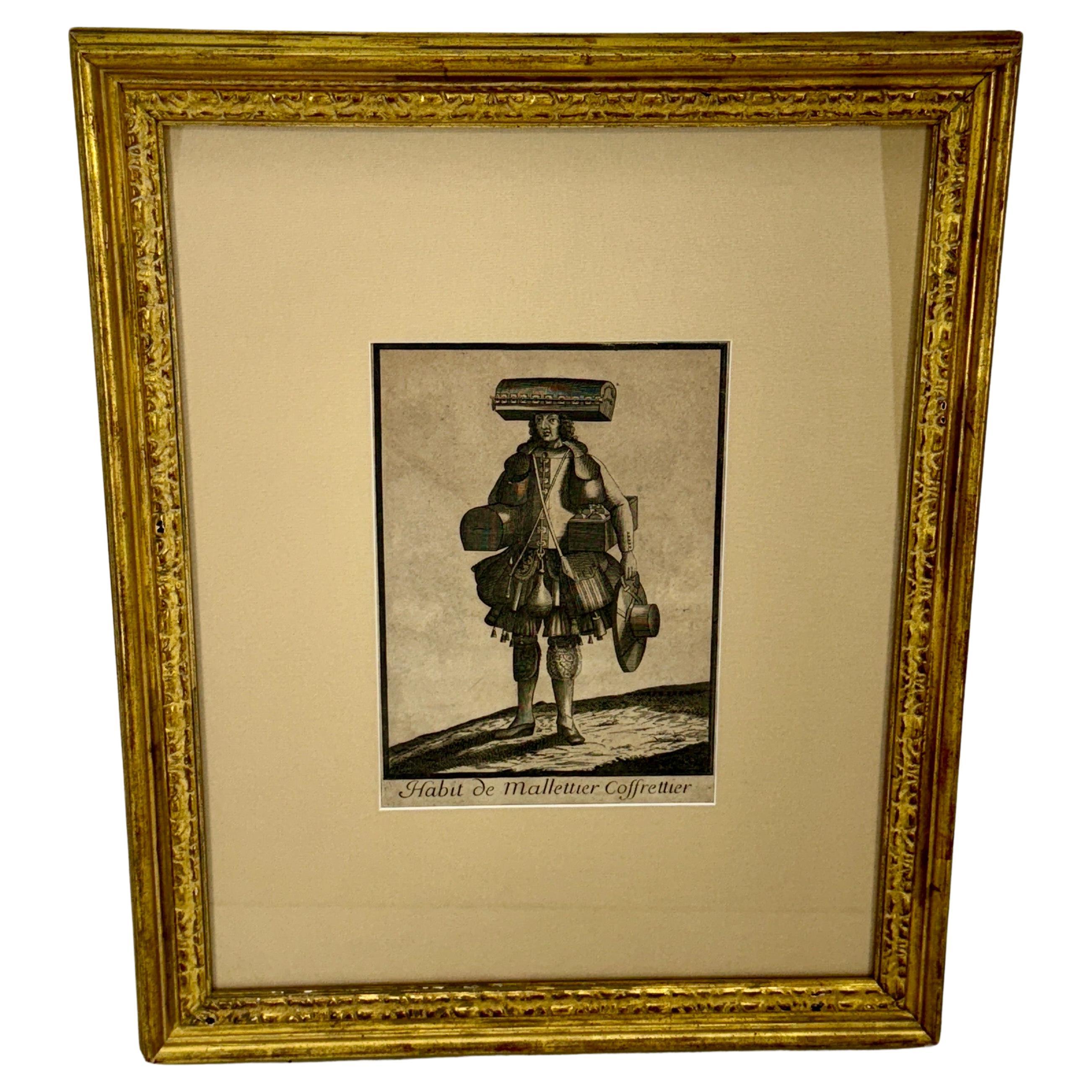 French Antique Etching of a Trunk Maker Gold Framed For Sale
