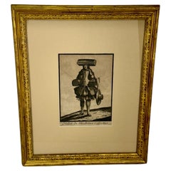 French Antique Etching of a Trunk Maker Gold Framed