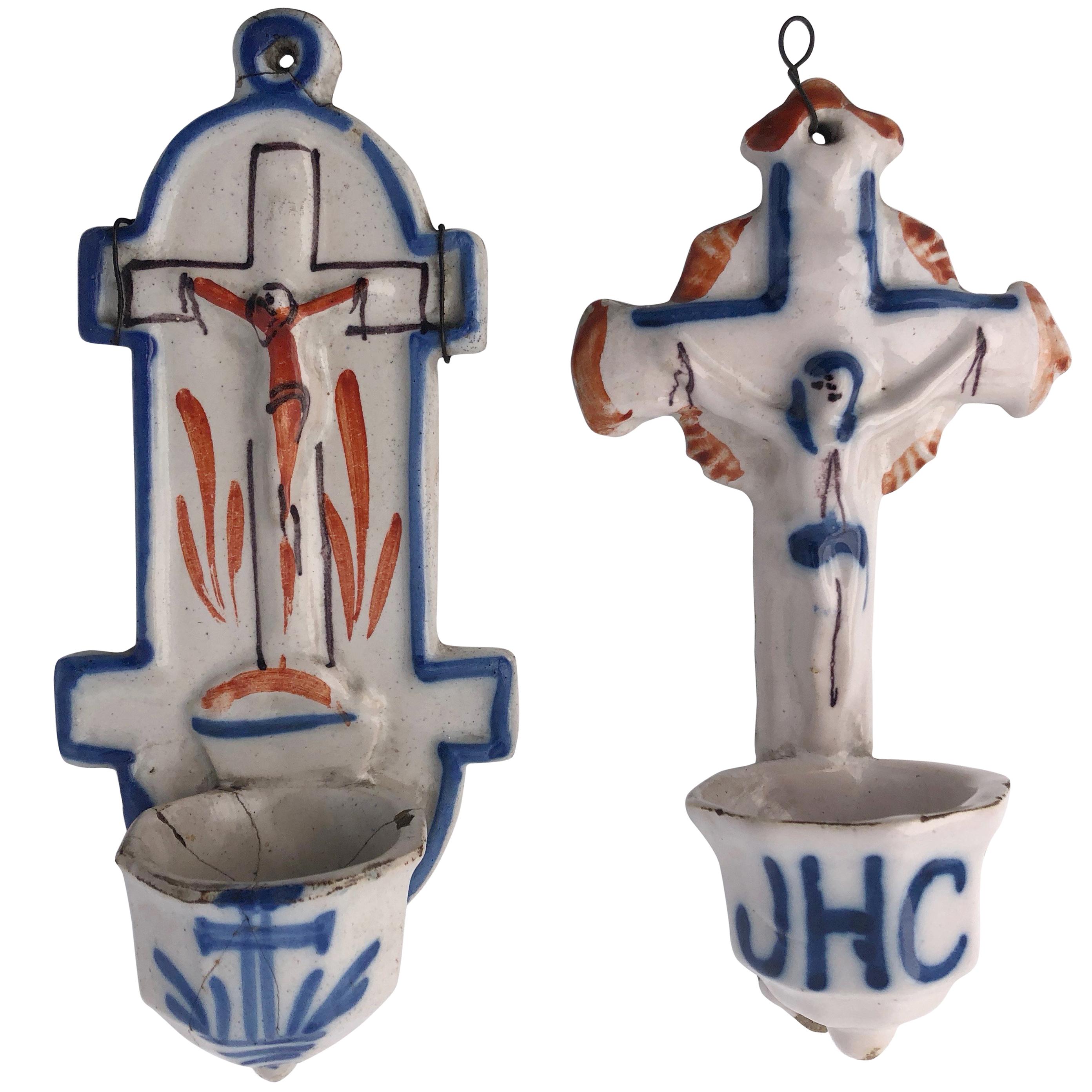 French Antique Faïence Holy Water Fonts 'Bénitiers' with Crucifixes 18th Century For Sale