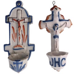 French Antique Faïence Holy Water Fonts 'Bénitiers' with Crucifixes 18th Century