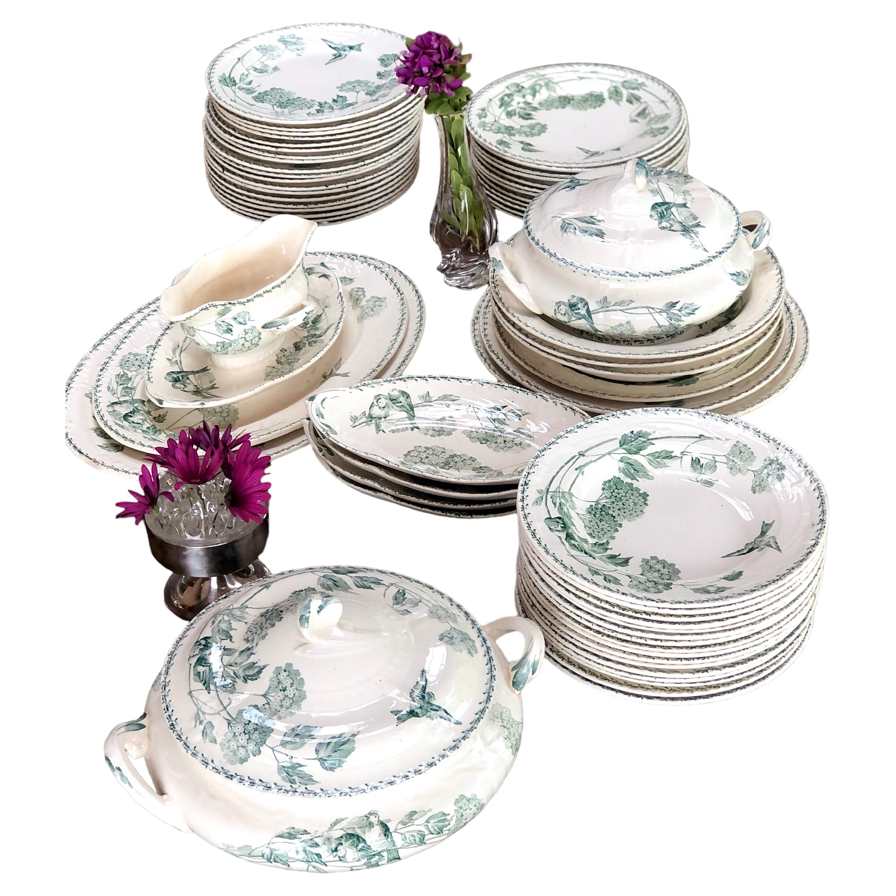 French Antique Faience Set of 61-piece Dinnerware by Creil and Montereau