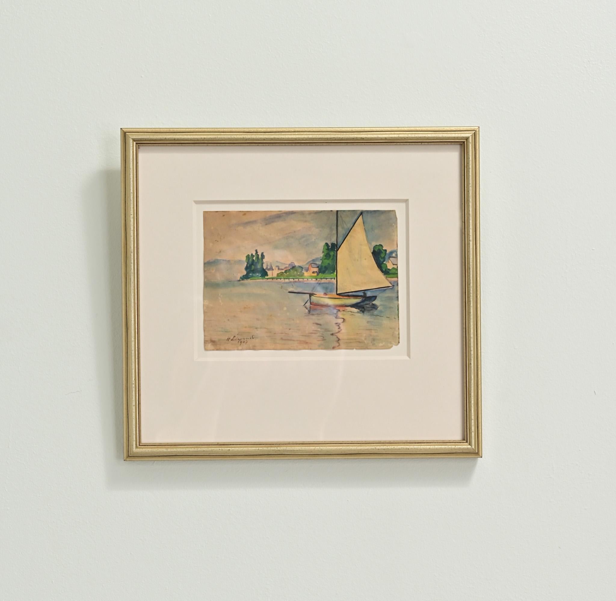 A petite French watercolor painting signed and dated by the artist. This is a painting of a sailboat on the shores of a town and is framed with a matboard and new gold gilt frame. Be sure to view the detailed images to see the current condition of