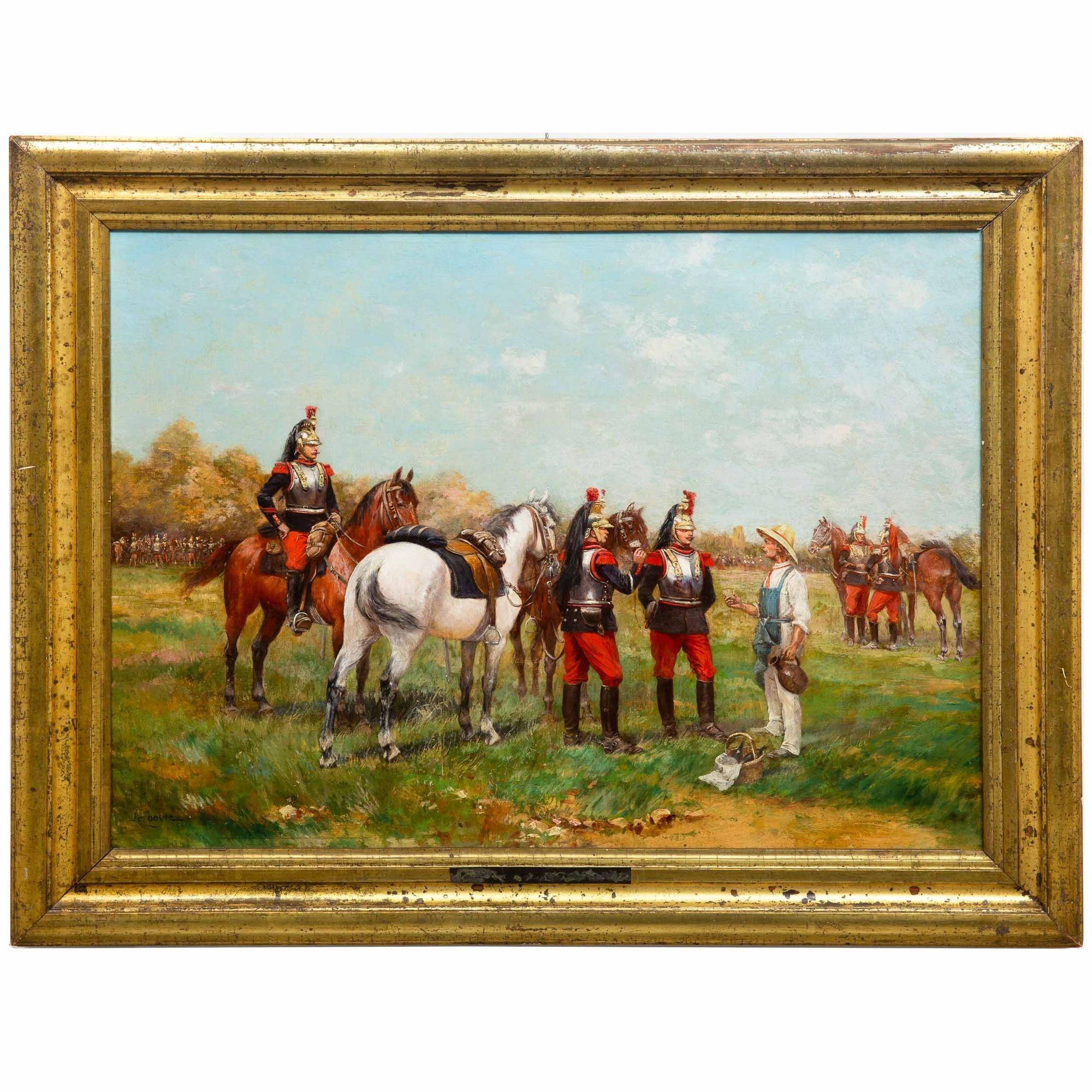 Romantic French Antique Franco-Prussian War Painting of Cuirassiers by Paul Perboyre For Sale