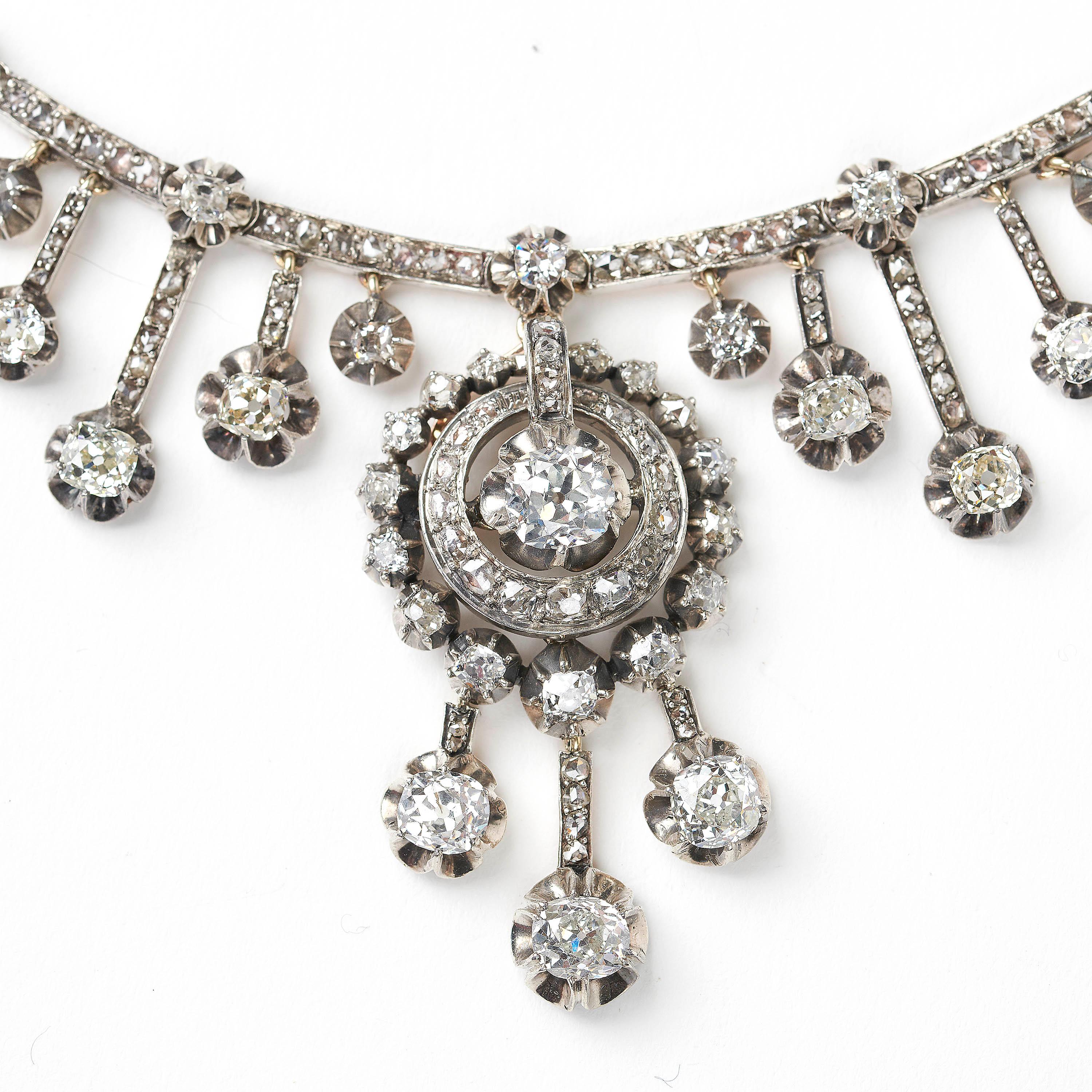 Napoleon III French Antique Fraumont Diamond, Silver and Gold Necklace and Earrings Suite For Sale