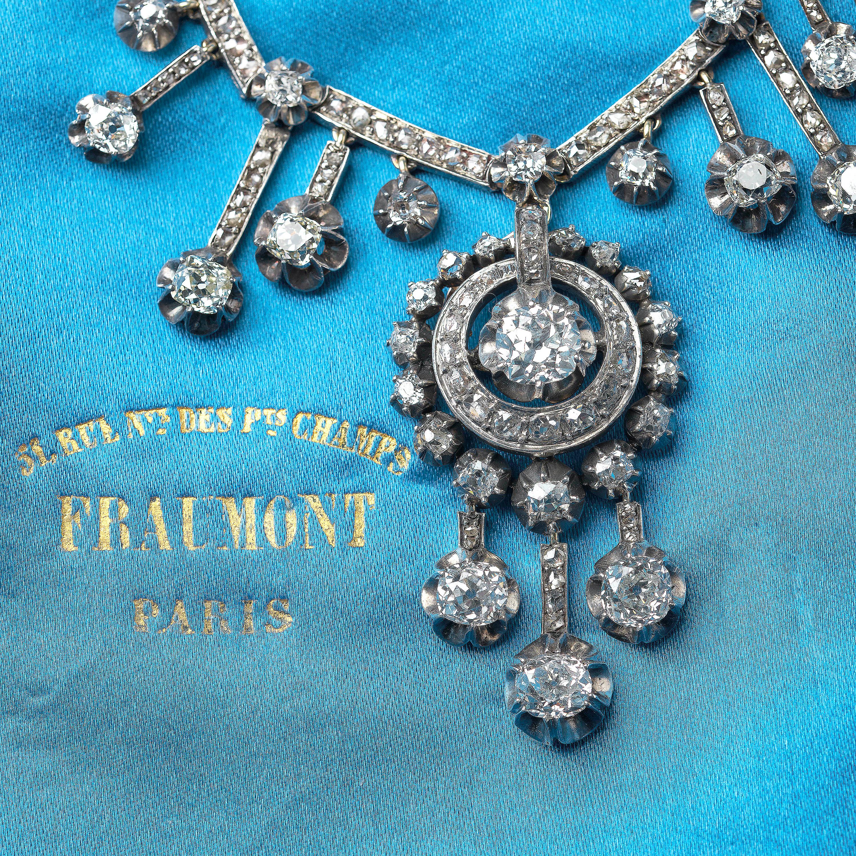 Old Mine Cut French Antique Fraumont Diamond, Silver and Gold Necklace and Earrings Suite For Sale