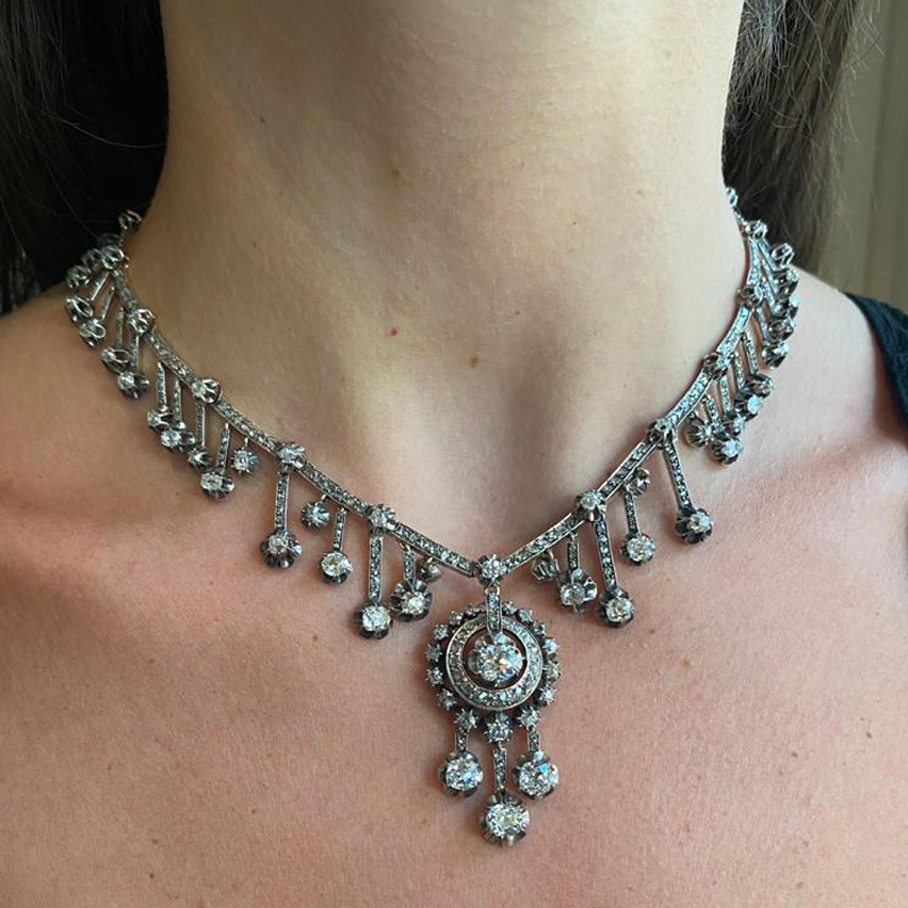 Women's French Antique Fraumont Diamond, Silver and Gold Necklace and Earrings Suite For Sale