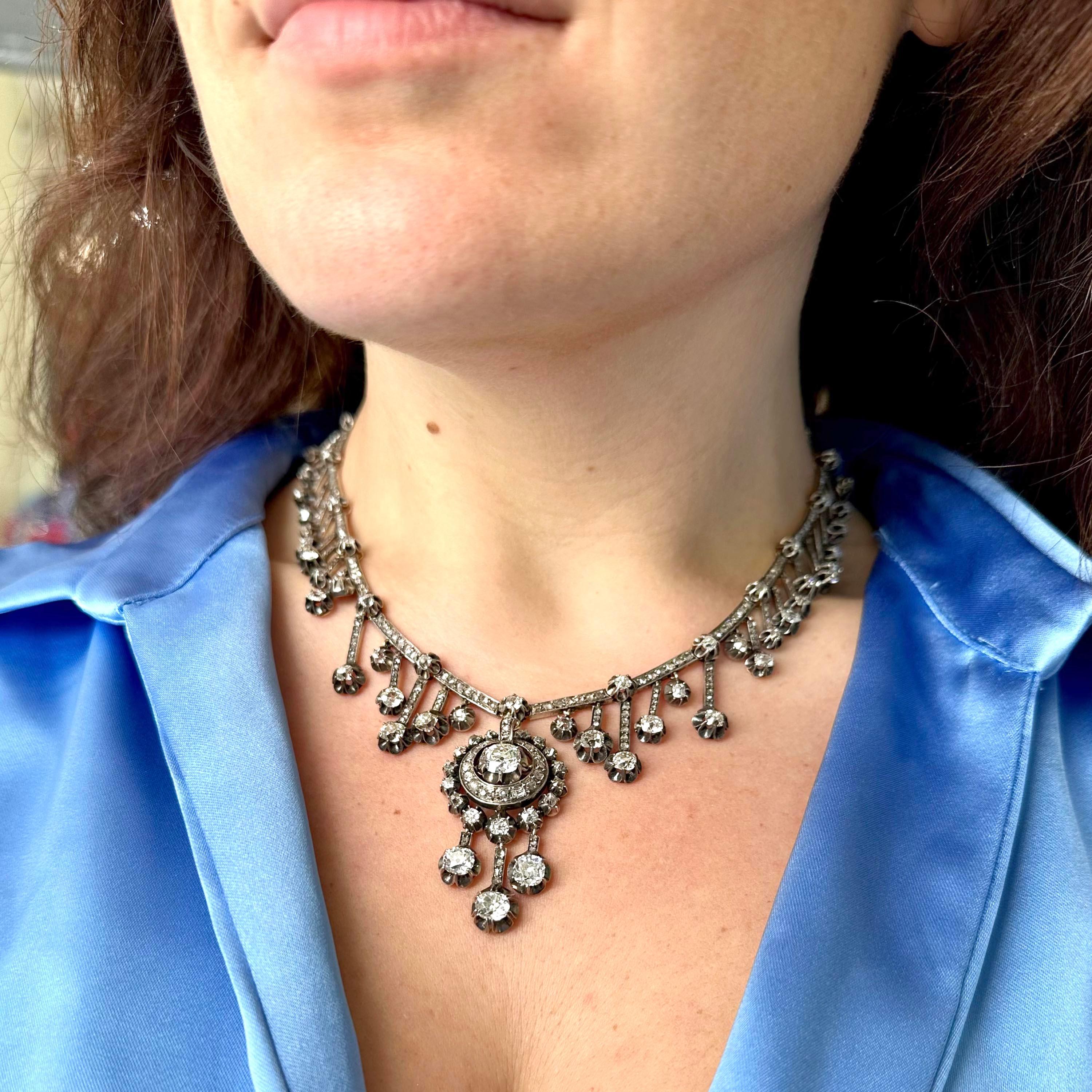 French Antique Fraumont Diamond, Silver and Gold Necklace and Earrings Suite For Sale 1
