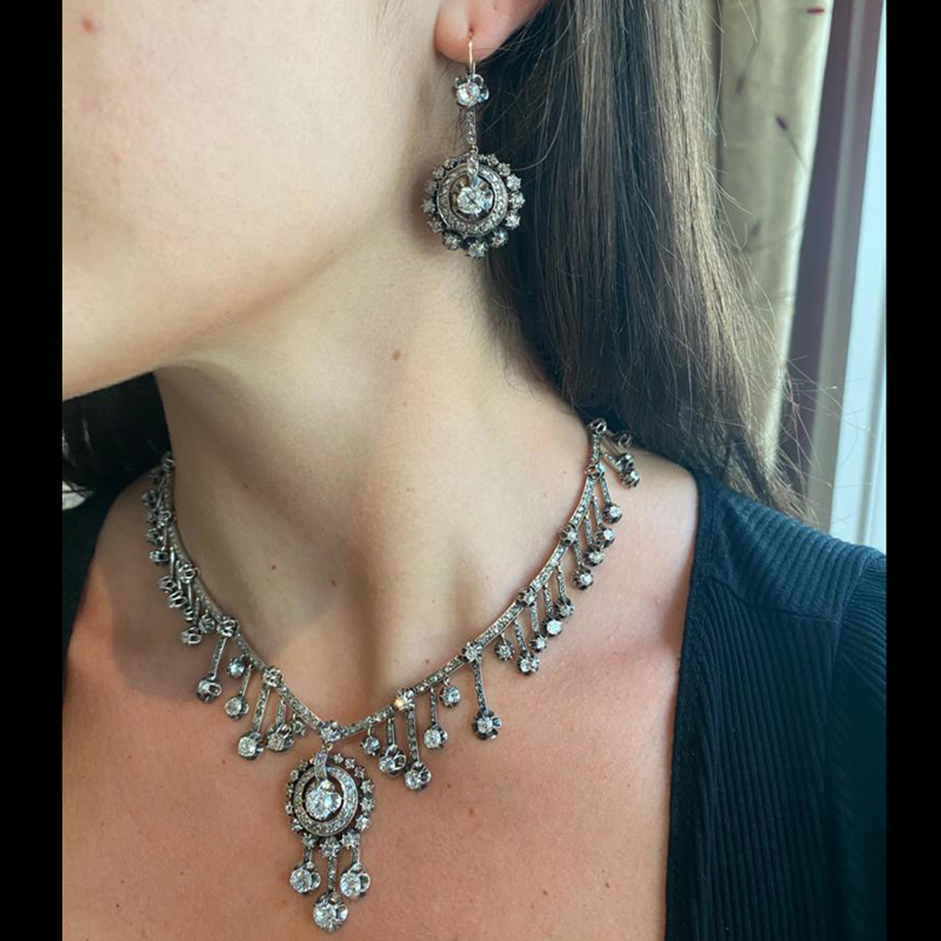 French Antique Fraumont Diamond, Silver and Gold Necklace and Earrings Suite For Sale 2