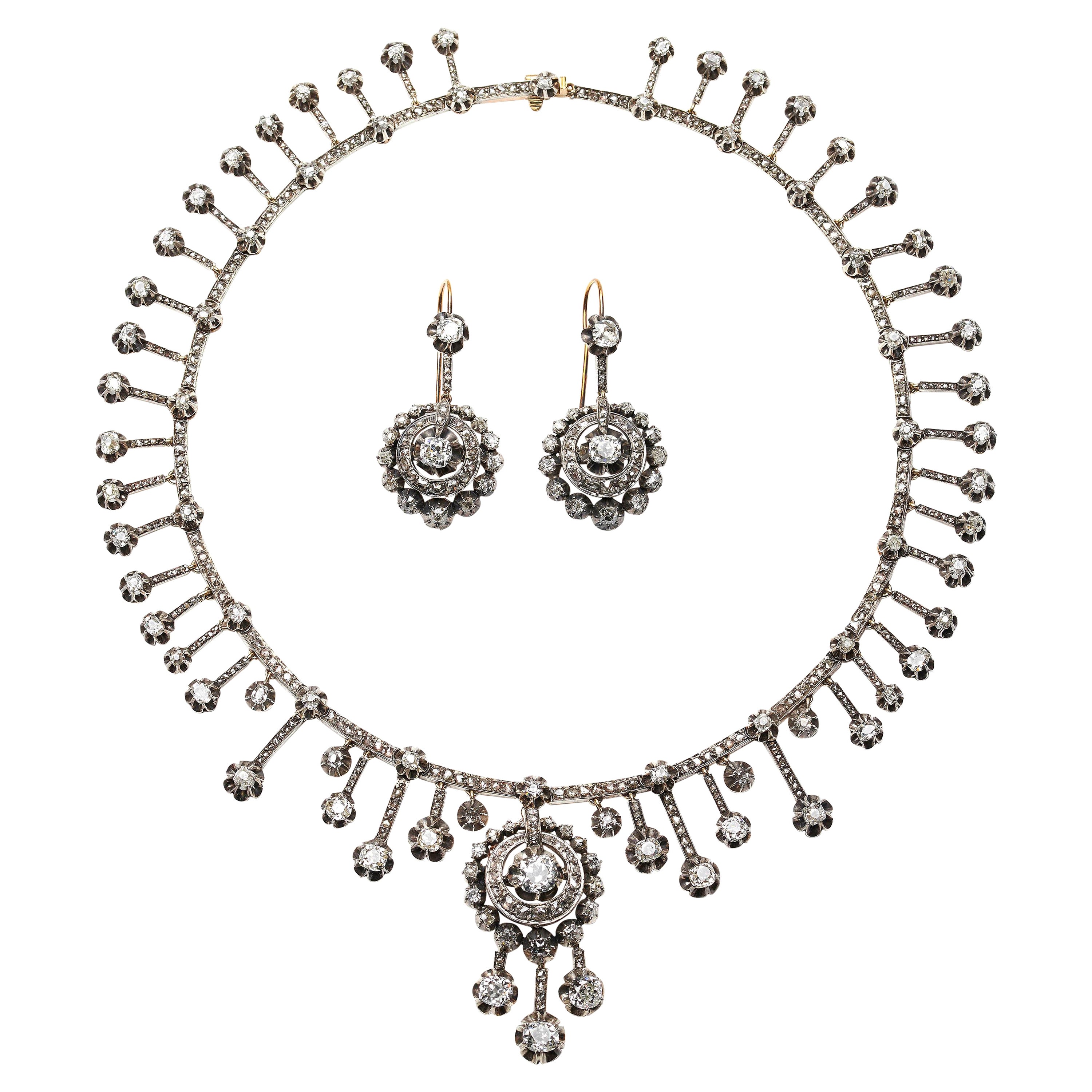 French Antique Fraumont Diamond, Silver and Gold Necklace and Earrings Suite