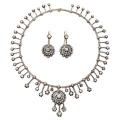 French Antique Fraumont Diamond, Silver and Gold Necklace and Earrings Suite