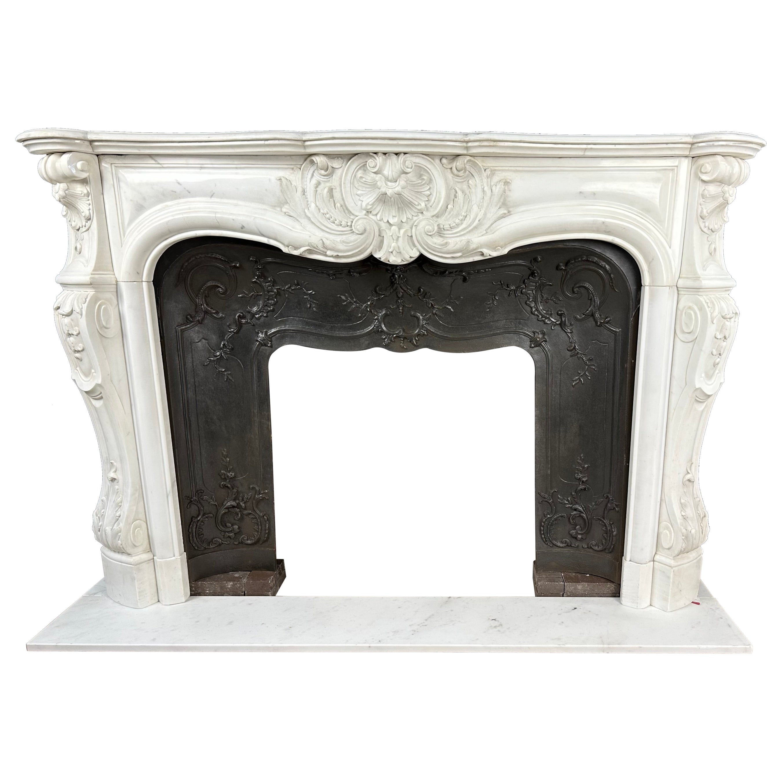 French Antique Front Shell Fireplace White Marble Cast Iron Insert
