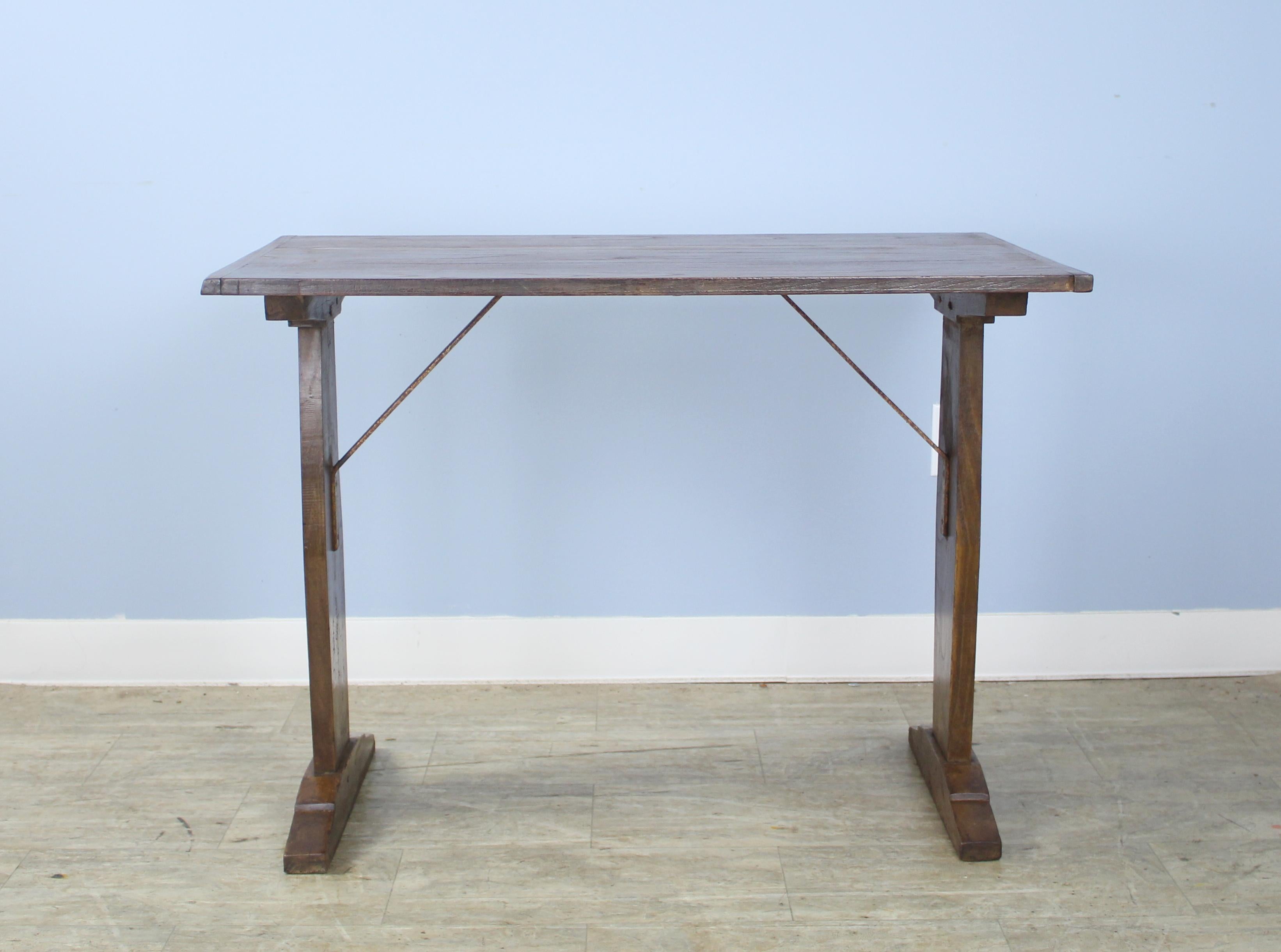 French Antique Fruitwood Tavern Table, Original Ironware Brackets In Good Condition In Port Chester, NY