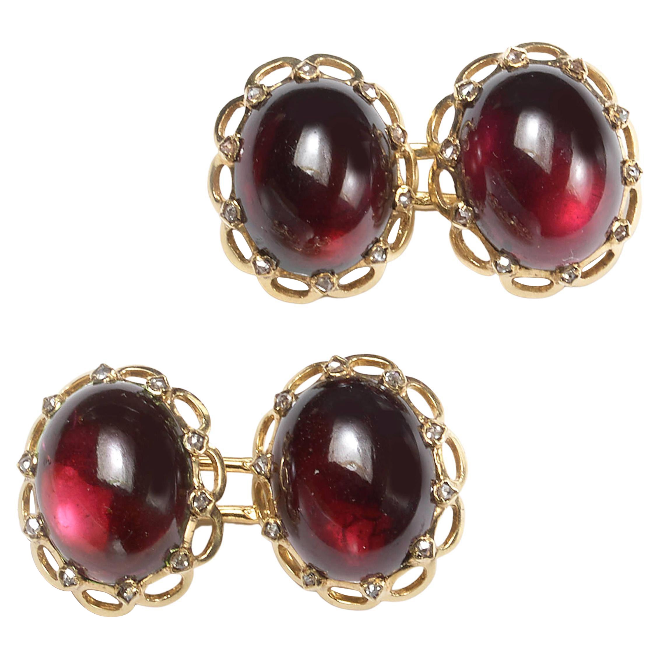 French Antique Garnet, Diamond and Gold Cufflinks, Circa 1900 For Sale