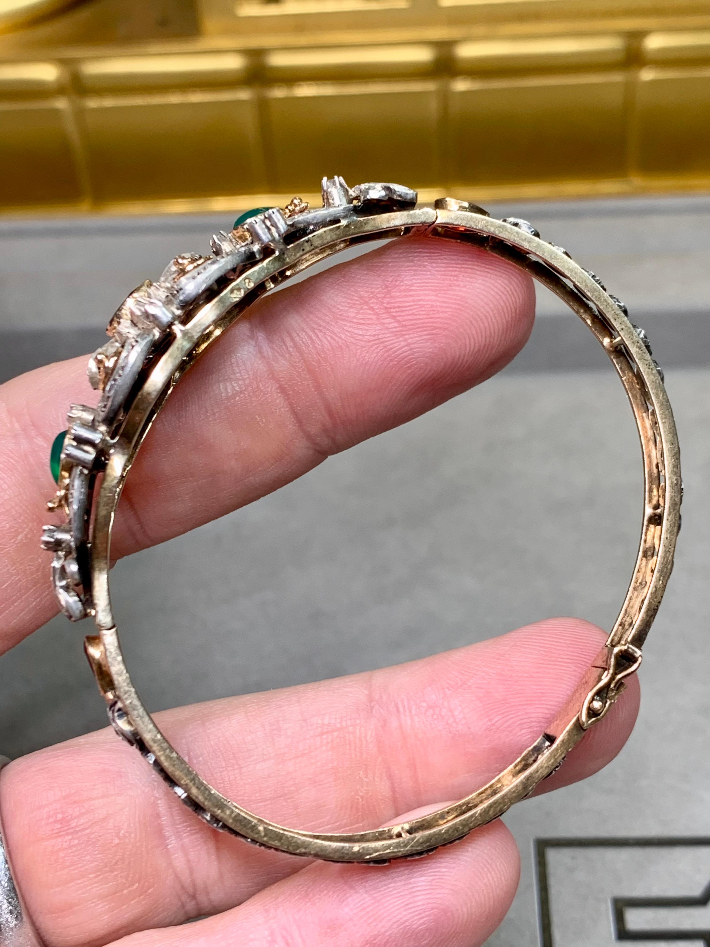 French Antique Georgian 14K Gold Silver Rose Cut Diamond Garnet Cuff Bracelet For Sale 6