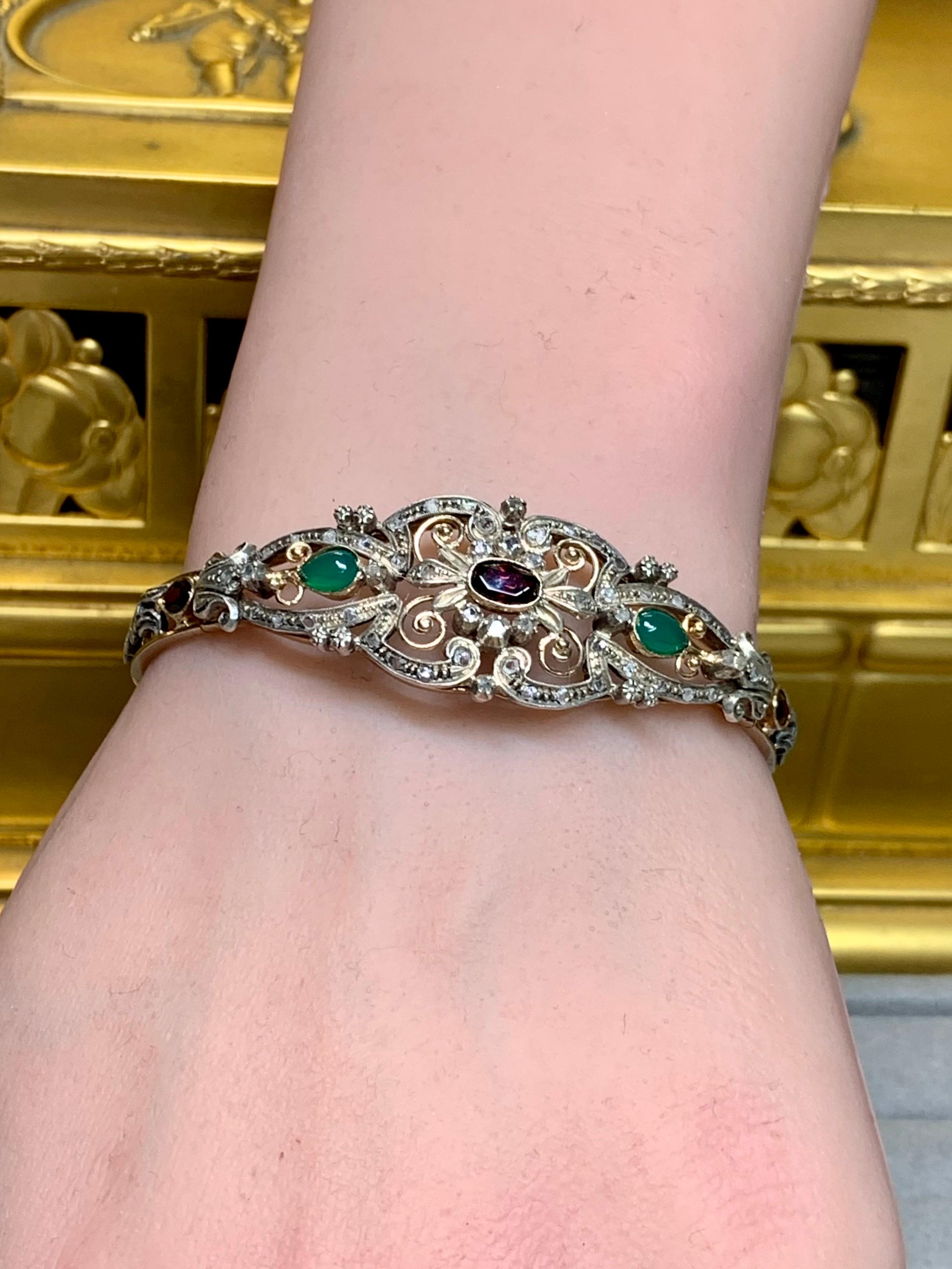 French Antique Georgian 14K Gold Silver Rose Cut Diamond Garnet Cuff Bracelet For Sale 8