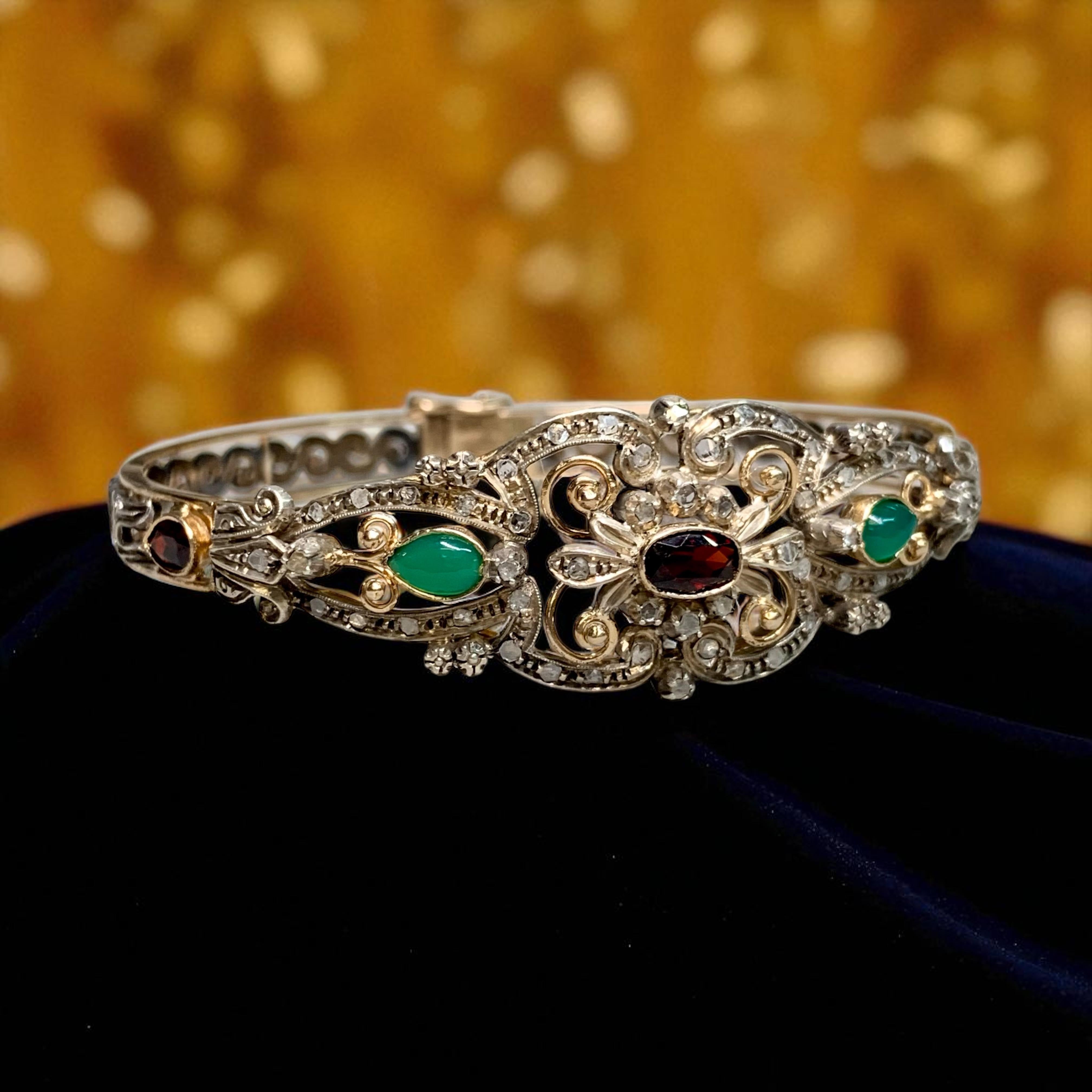 French Antique Georgian 14K Gold Silver Rose Cut Diamond Garnet Cuff Bracelet For Sale 9