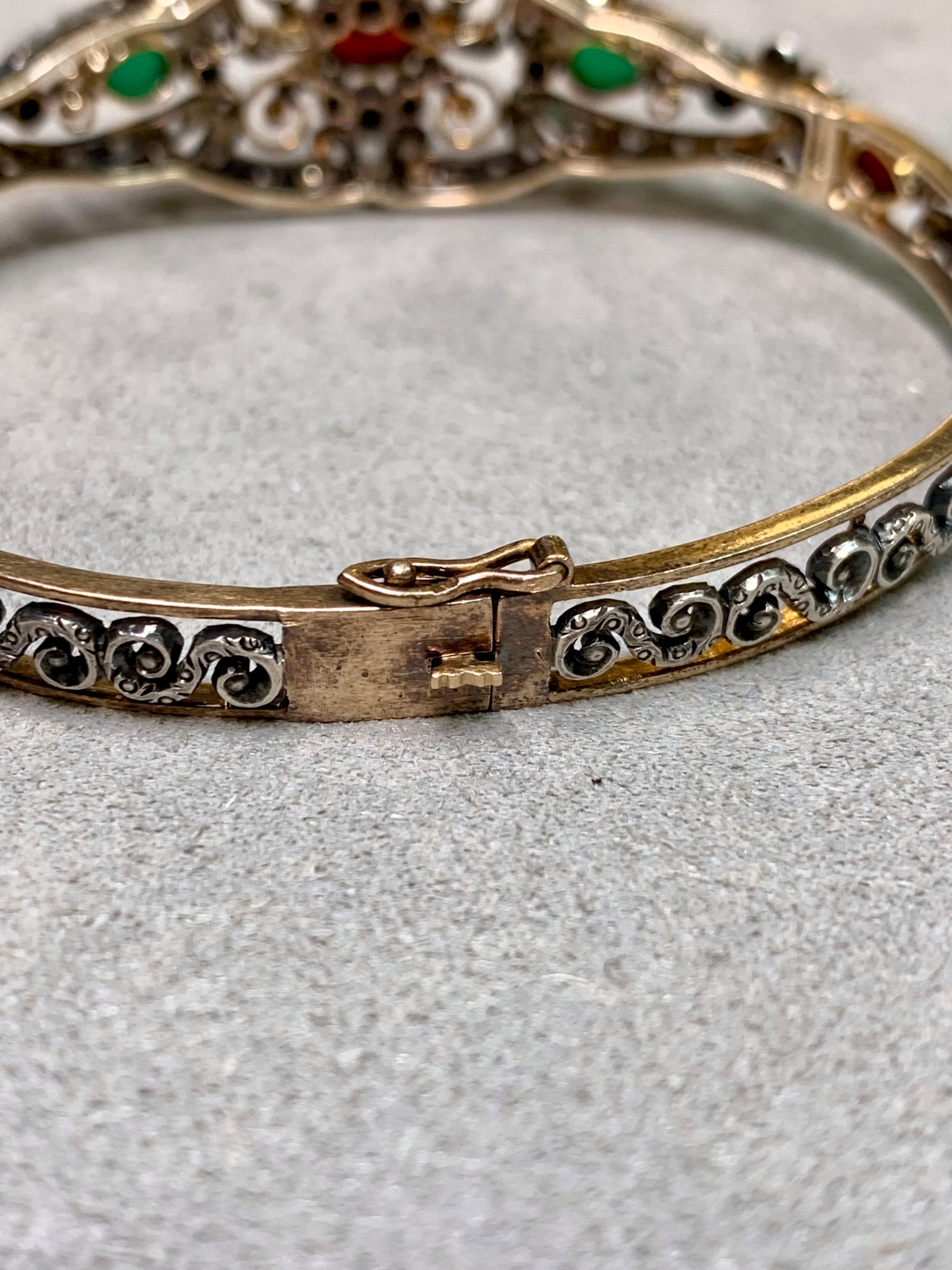 Women's or Men's French Antique Georgian 14K Gold Silver Rose Cut Diamond Garnet Cuff Bracelet For Sale