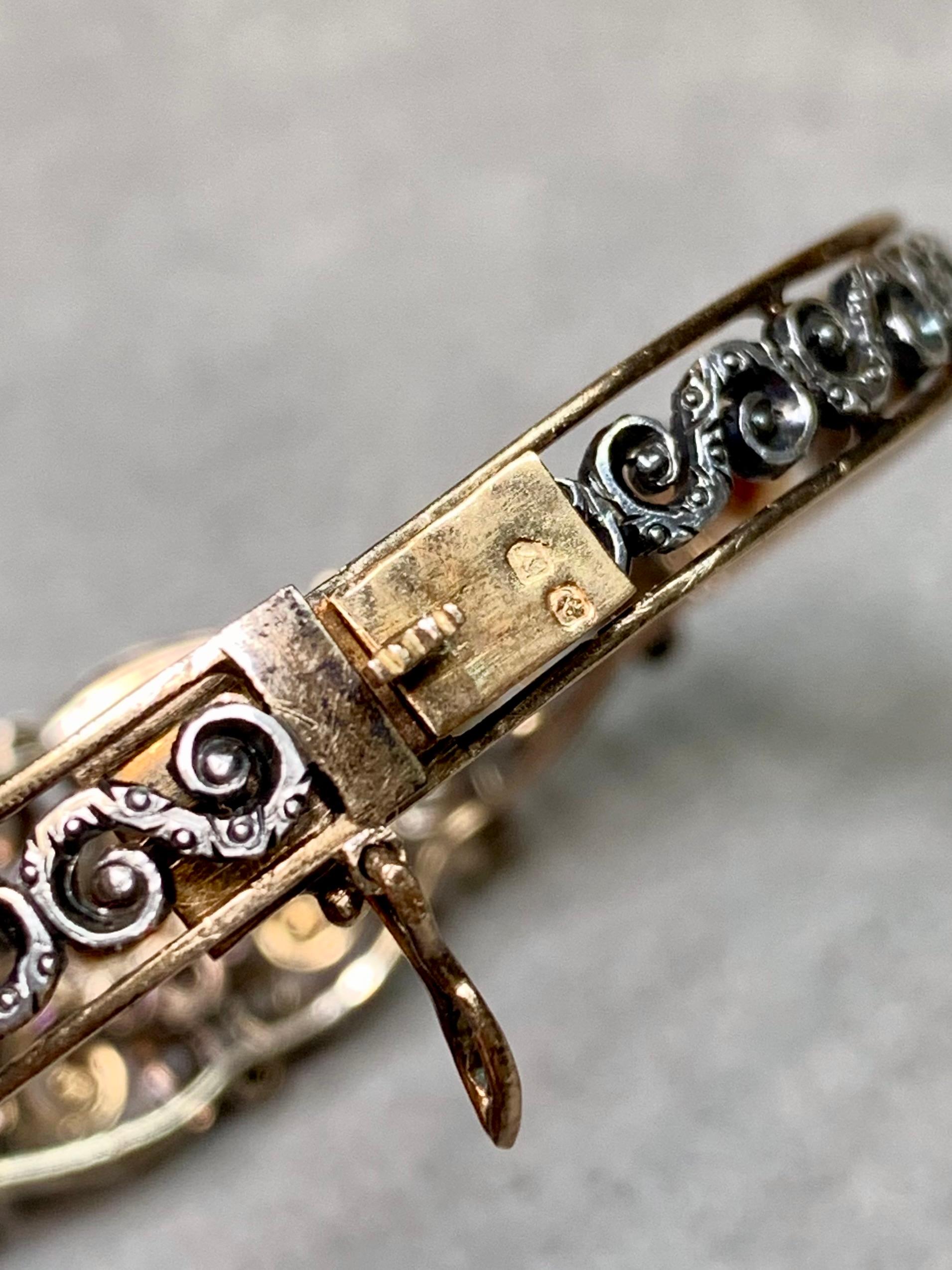 French Antique Georgian 14K Gold Silver Rose Cut Diamond Garnet Cuff Bracelet For Sale 3