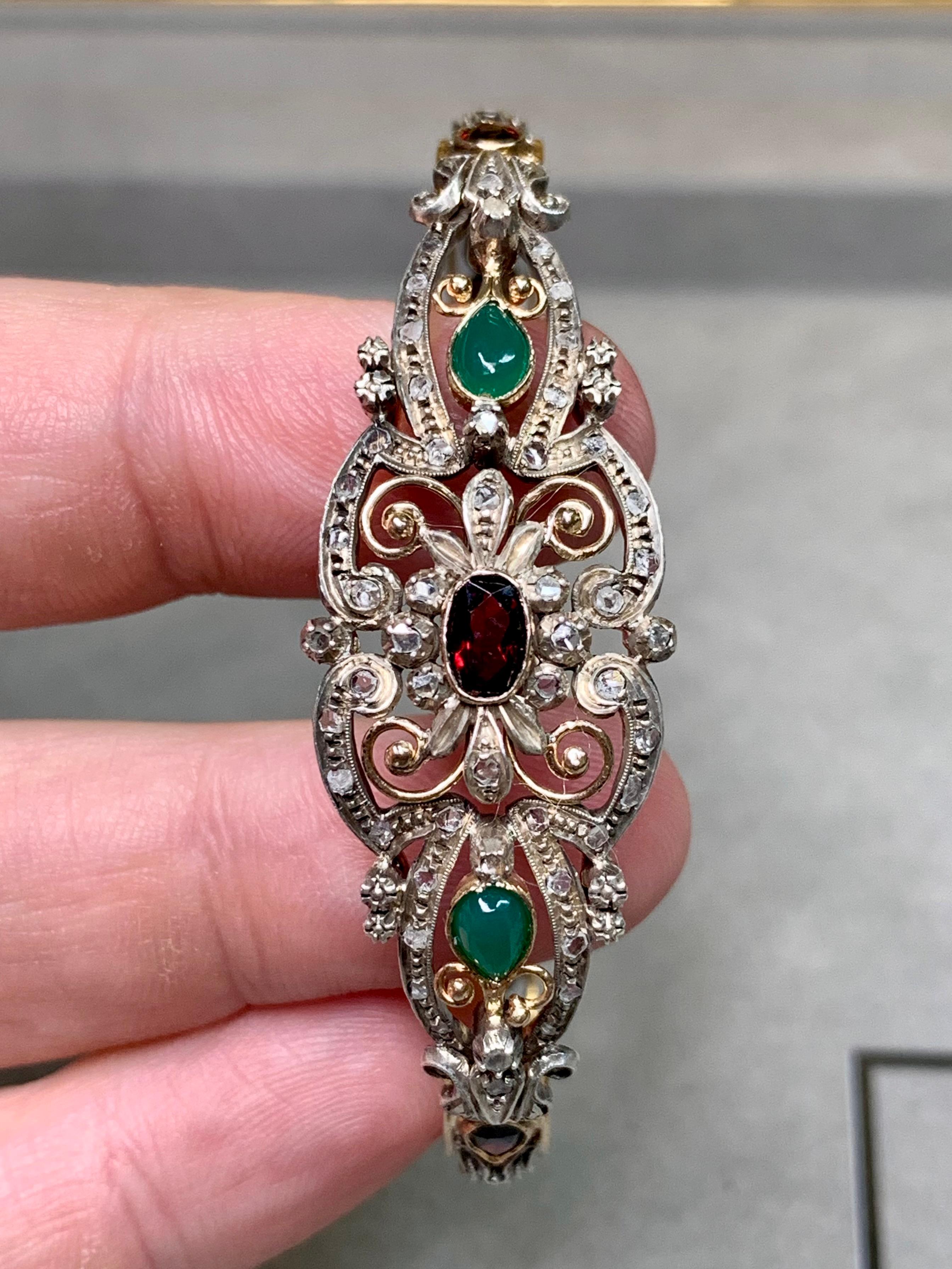 French Antique Georgian 14K Gold Silver Rose Cut Diamond Garnet Cuff Bracelet For Sale 4