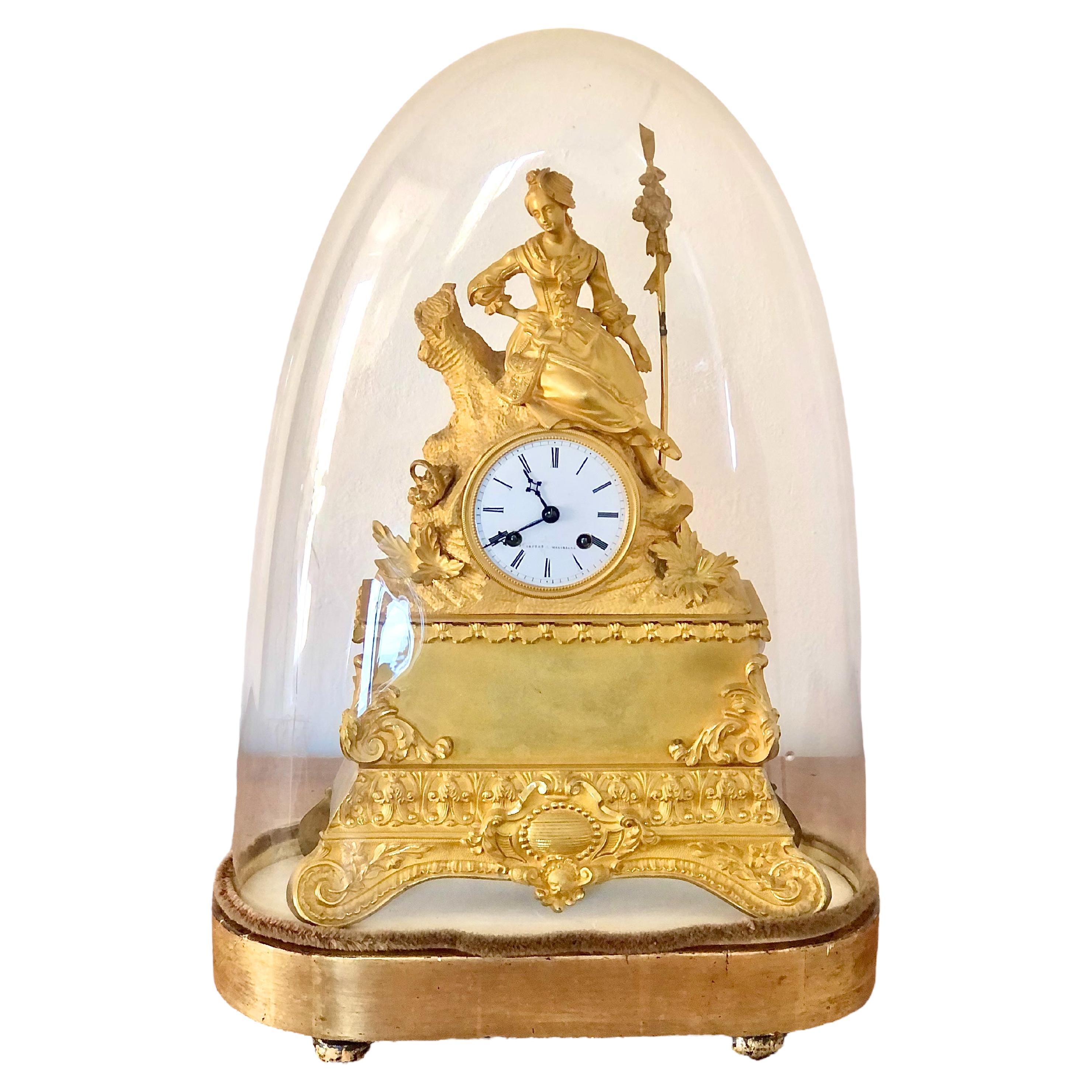 French Antique Gilded Chiseled Bronze Clock For Sale