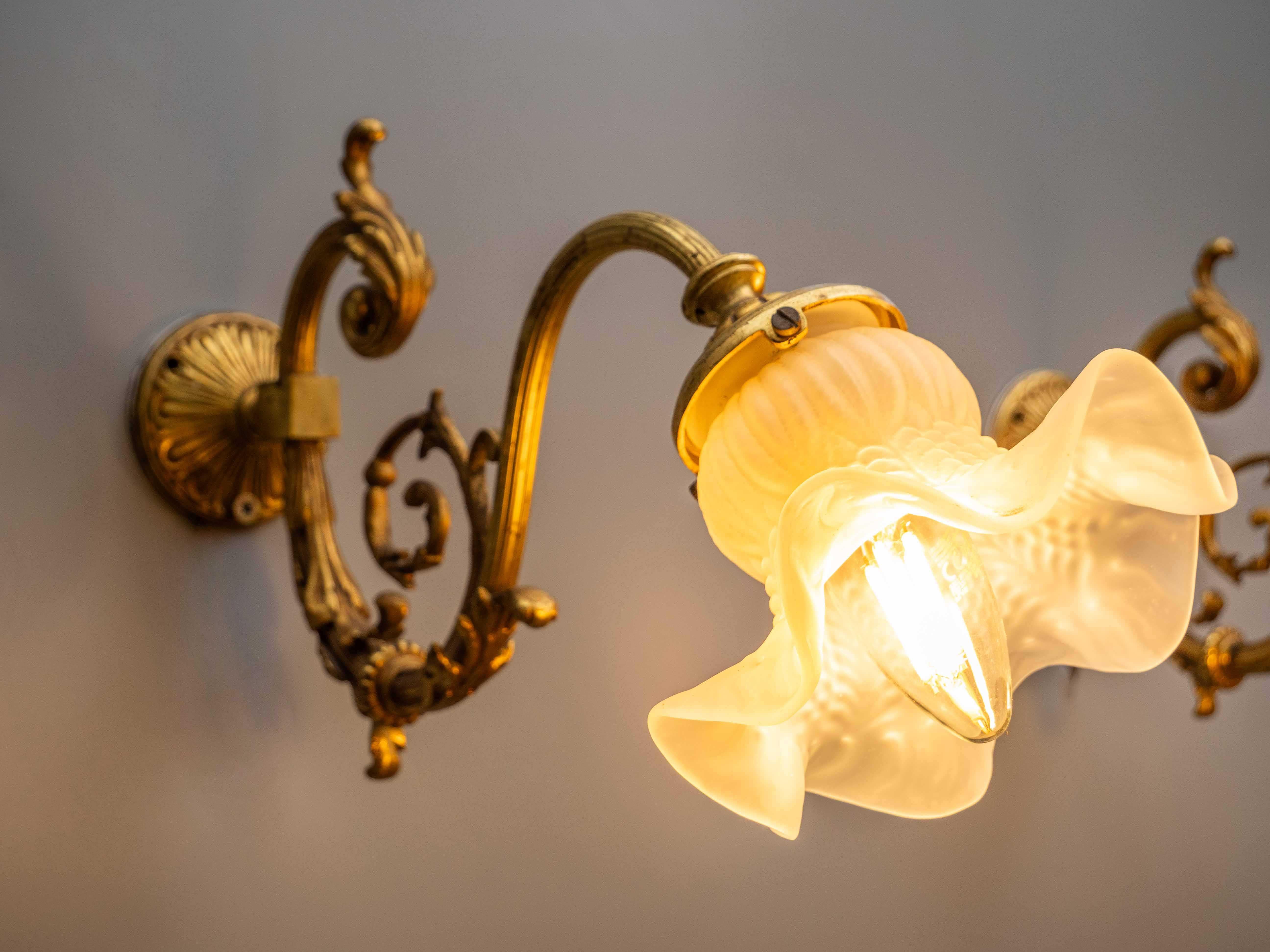 French antique gilded wall lamps pair

Beautiful French wall lamps in gilded bronze. The lamps were made in the 19th century. The lamps are richly decorated with a floral motif. The shades are made of frosted glass, they are not original, these come