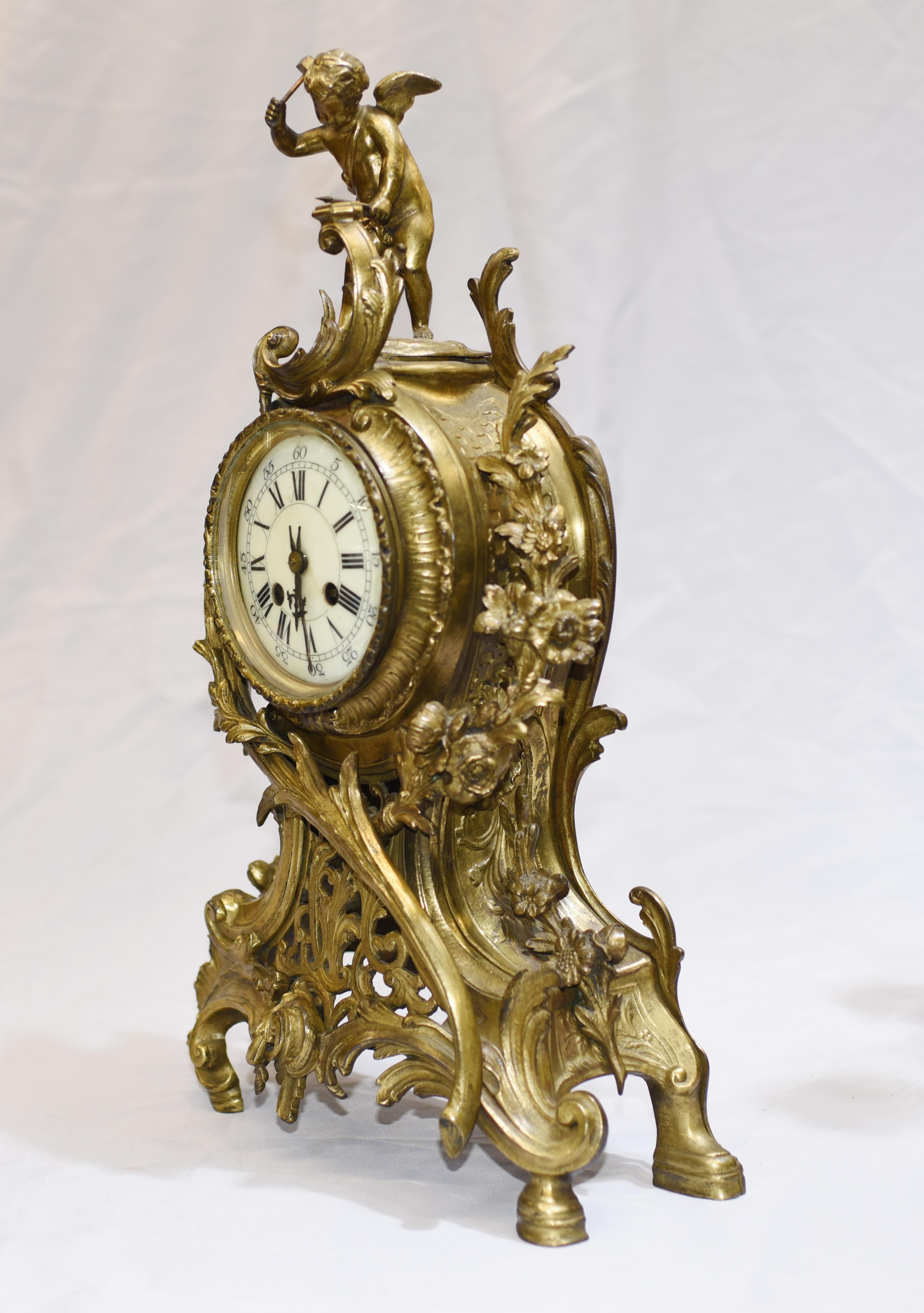 French Antique Gilt Clock Set, Cherub Garniture 8