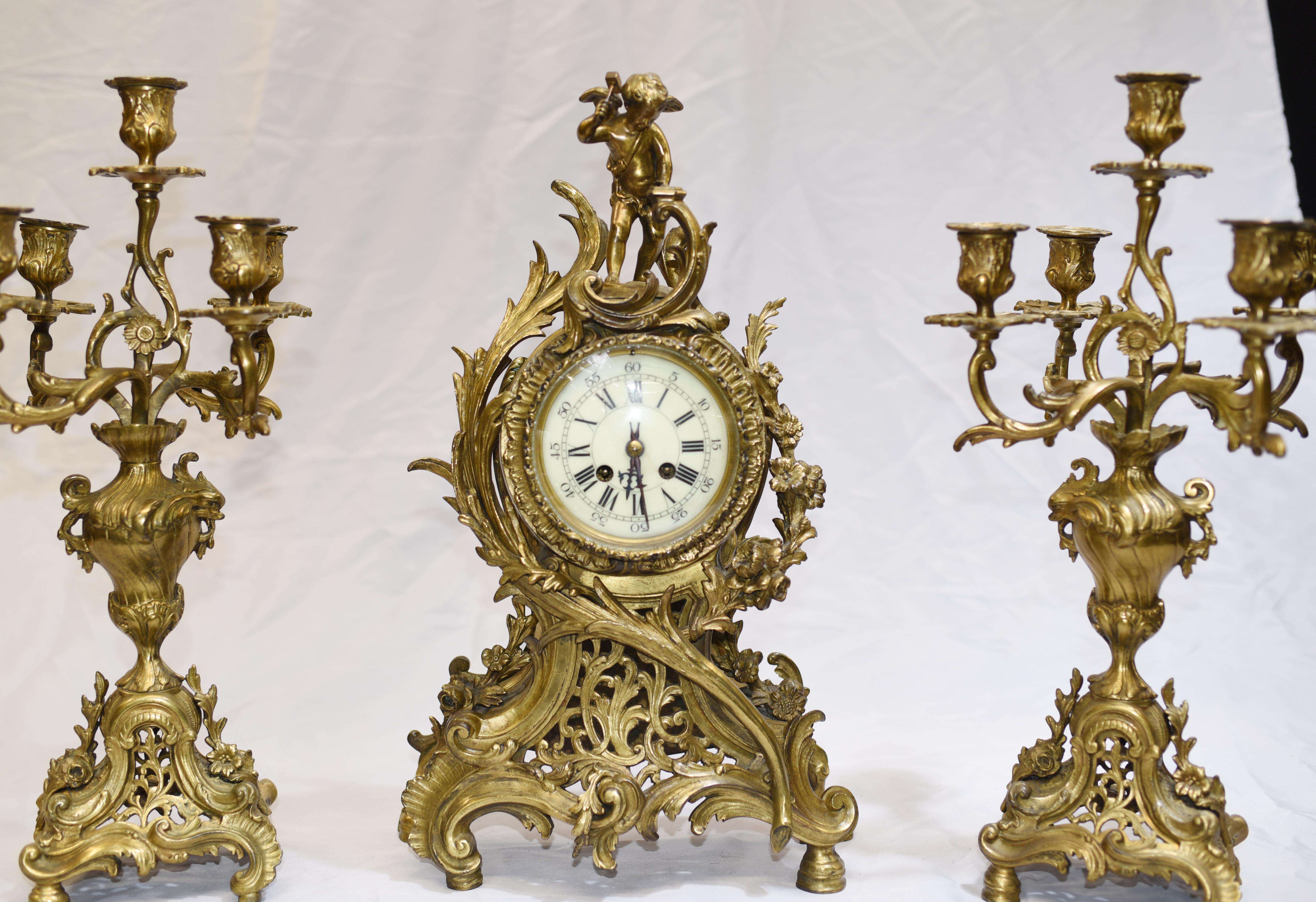 French Antique Gilt Clock Set, Cherub Garniture In Good Condition In Potters Bar, GB