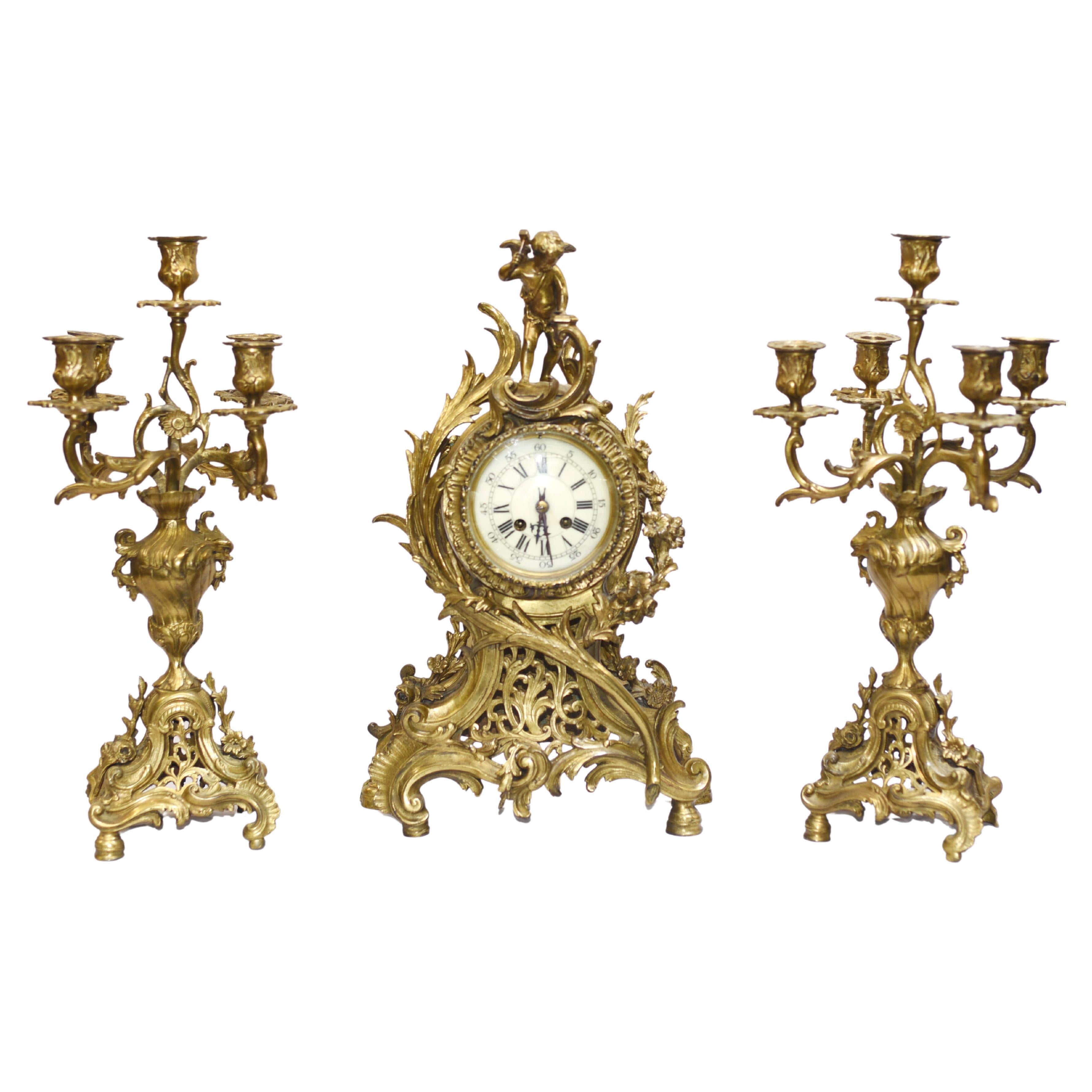 French Antique Gilt Clock Set, Cherub Garniture