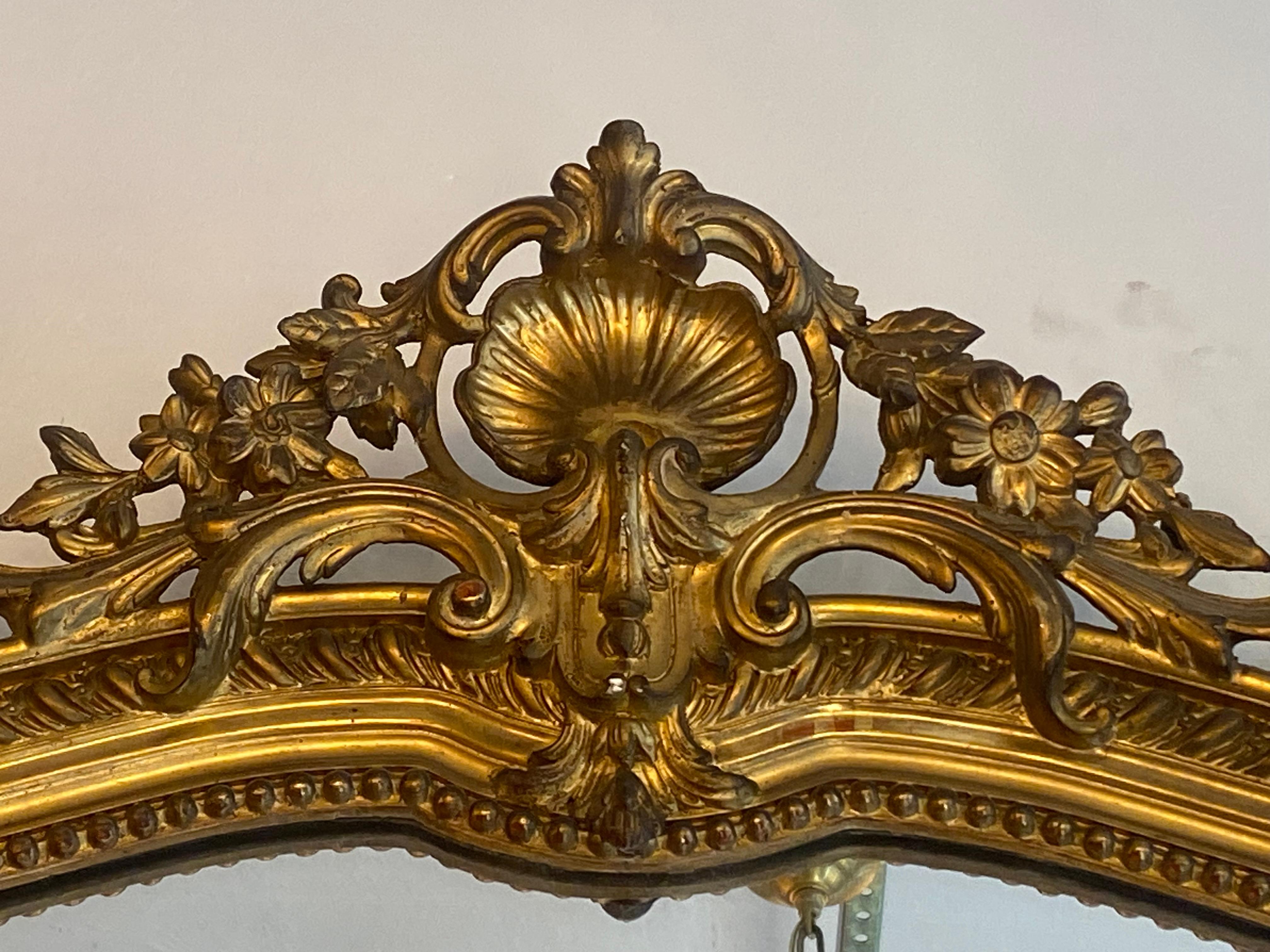 French Antique Gilt Wood Gesso Over Mantel Mirror Floral Shell Flowers For Sale 5