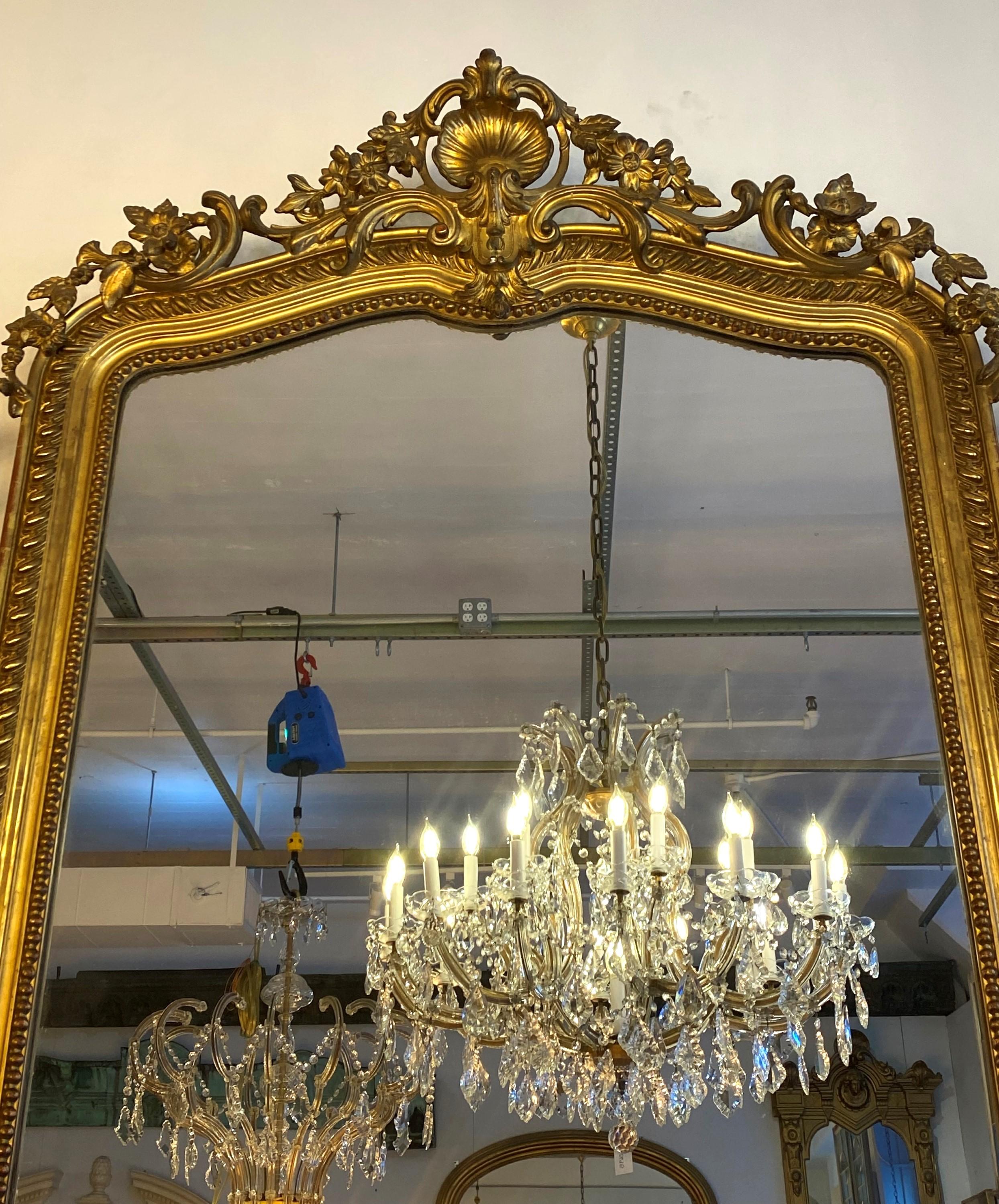 French Antique Gilt Wood Gesso Over Mantel Mirror Floral Shell Flowers In Good Condition For Sale In New York, NY