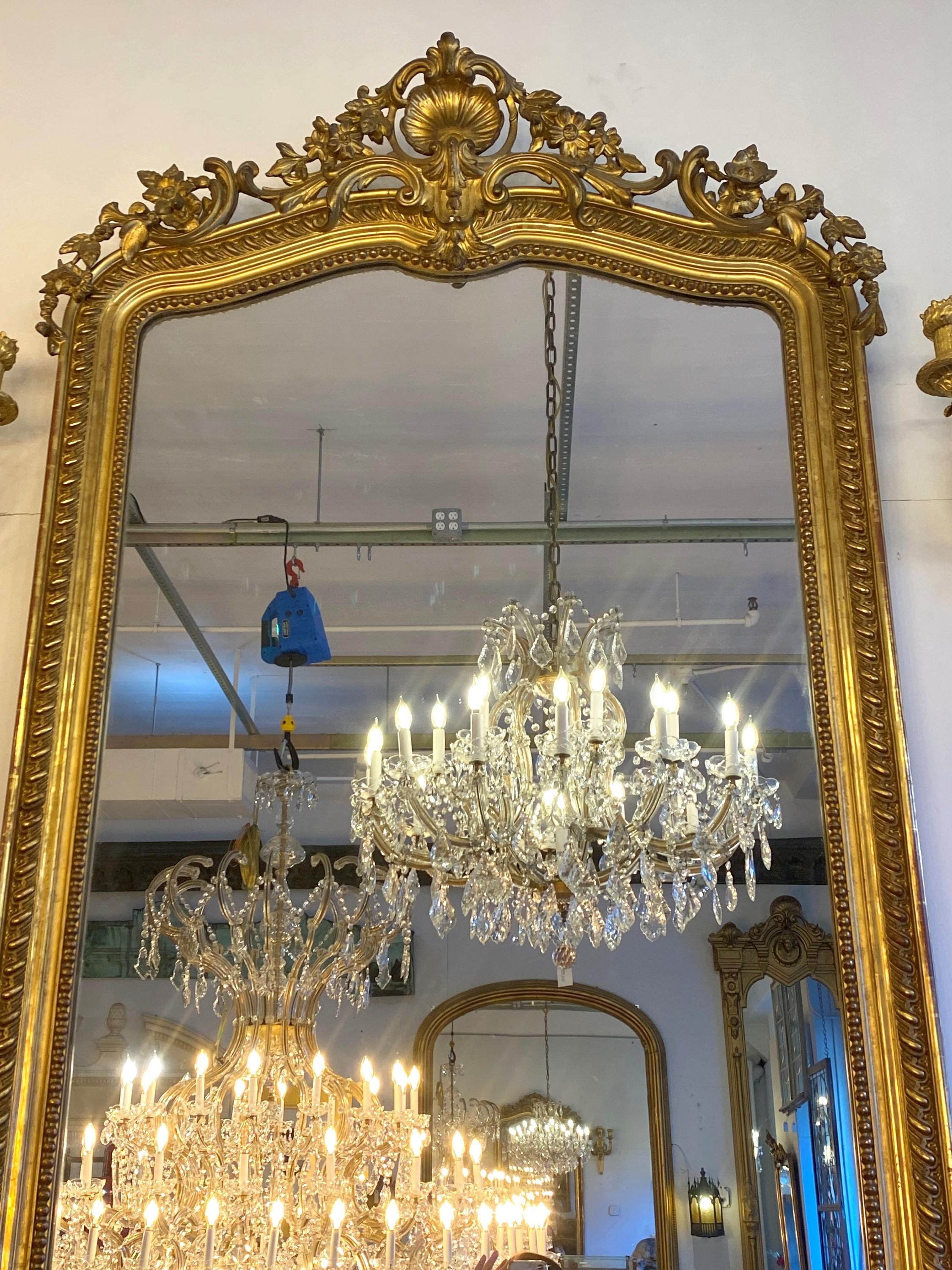 20th Century French Antique Gilt Wood Gesso Over Mantel Mirror Floral Shell Flowers For Sale