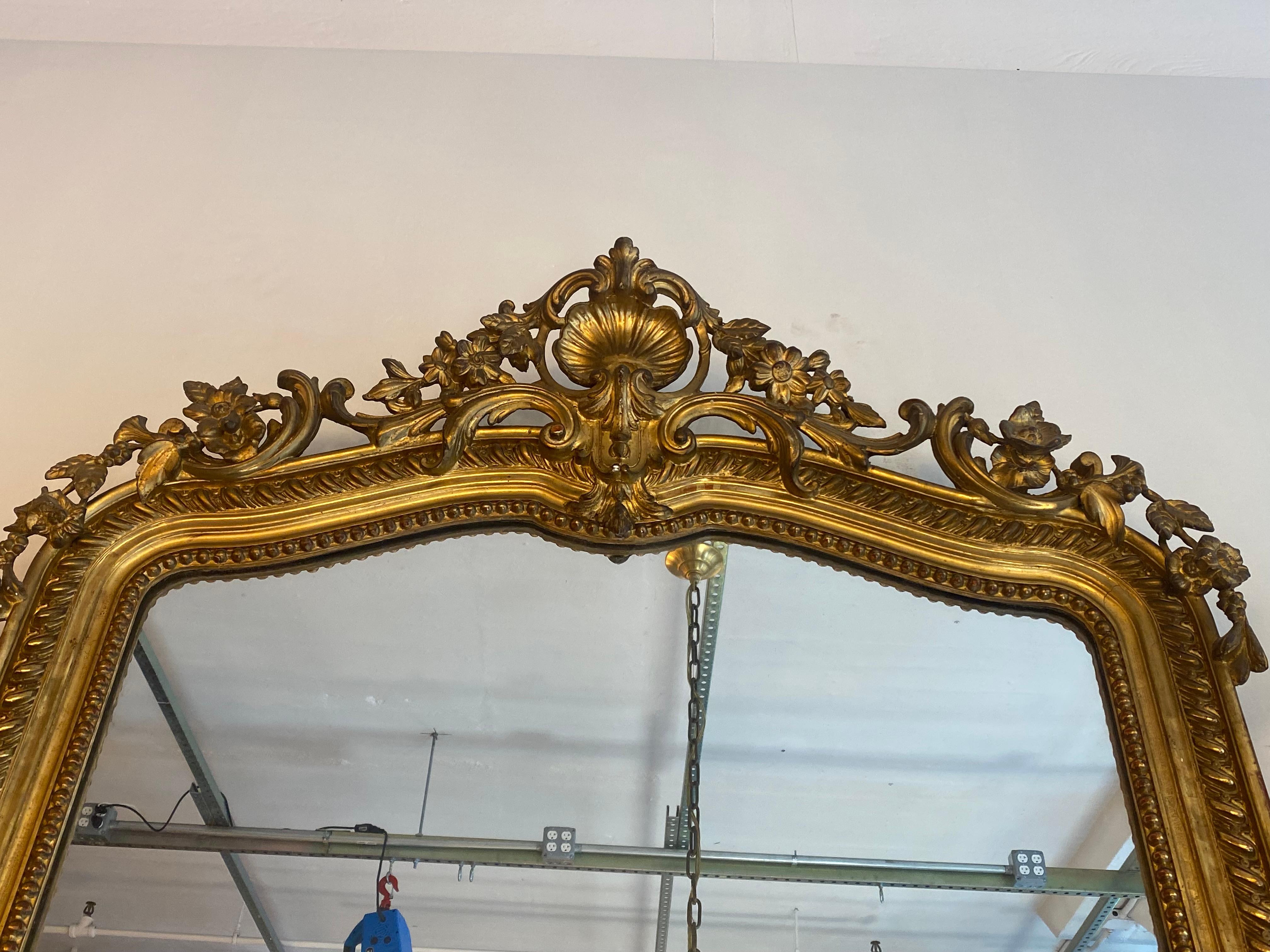 French Antique Gilt Wood Gesso Over Mantel Mirror Floral Shell Flowers For Sale 3