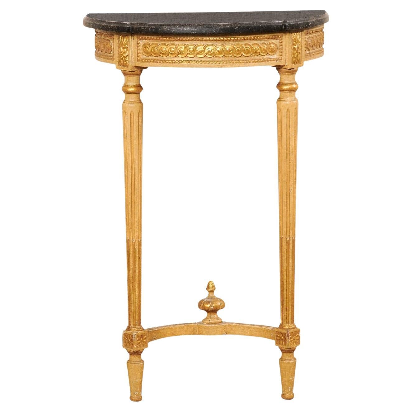 French Antique Giltwood & Marble Top Demi-console- a Space Solving Petite Size! For Sale