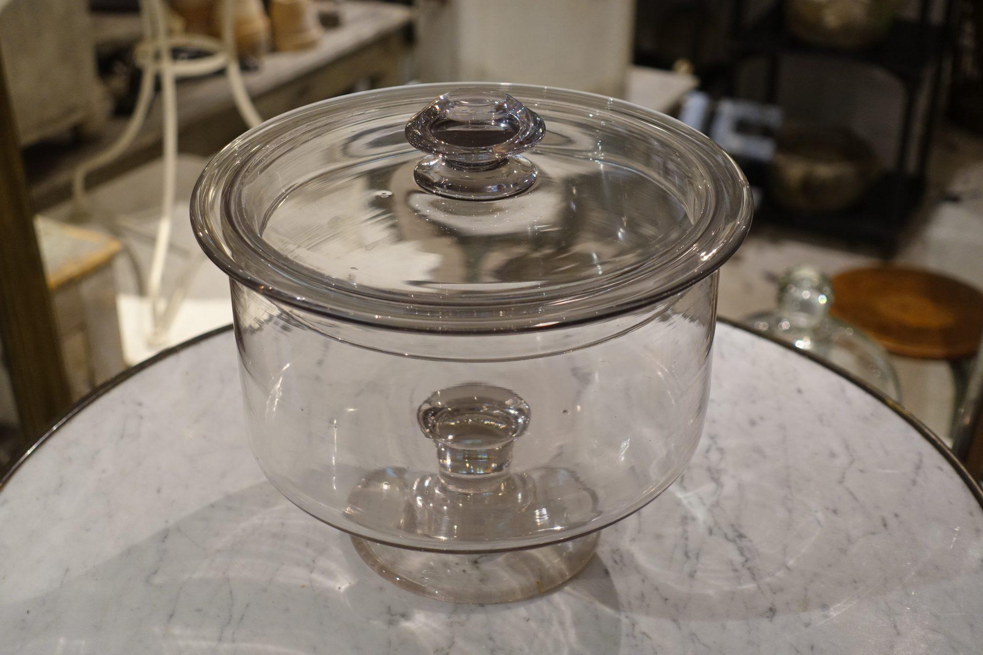 Antique French glass bonbonniere, from France 1890s-1990s. This glass set originates from a charming patisserie in Lyon, where it was on the counter to display sweets (dragé) and confectionary. Fabulous hand-blown glass with a faint violet hue and