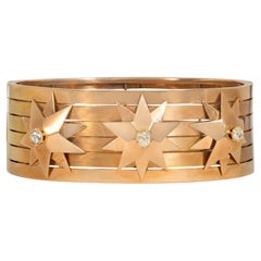 French Antique Gold and Diamond Triple Star Motif Hinged Bangle Bracelet